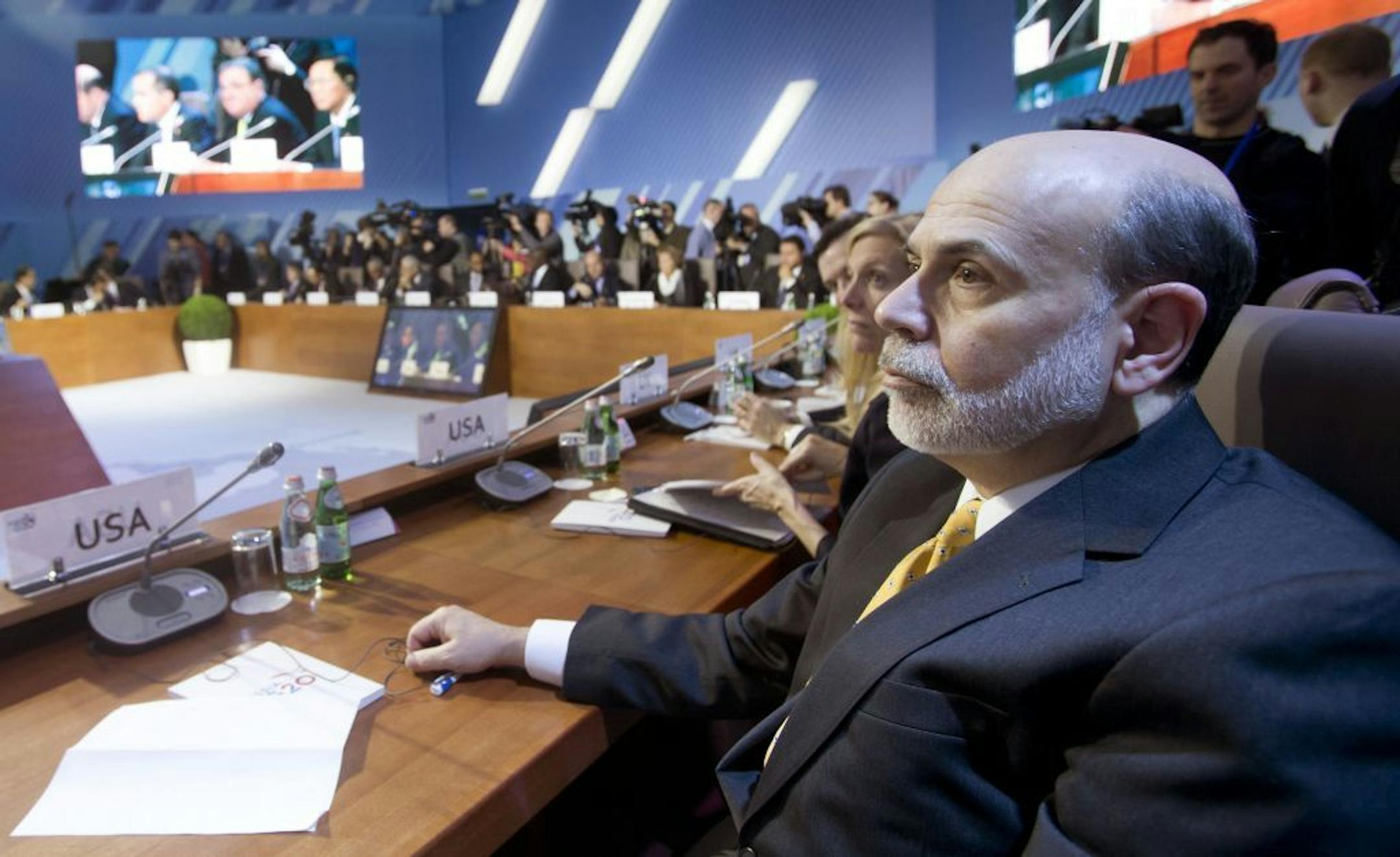 Chairman of the U.S. Federal Reserve Ben Bernanke attends the summit of financial ministers and heads of central banks of the G20 group of nations ahead of their meeting in Moscow, Russia, Saturday, Feb. 16, 2013.
