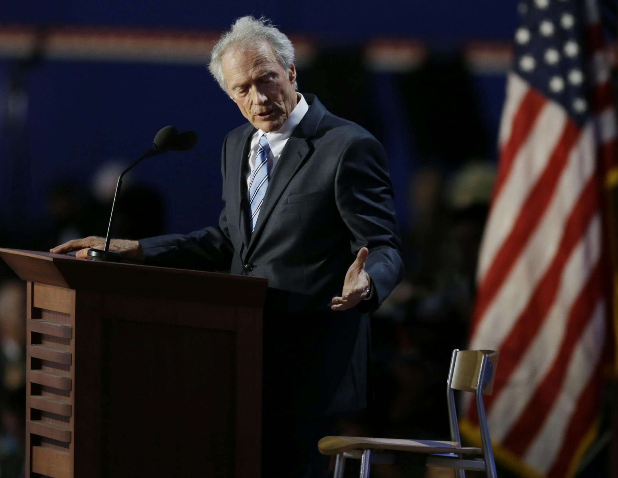 Actor Clint Eastwood speaks to an empty chair while addressing delegates during the Republican National Convention.
