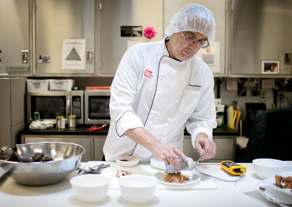 Thomas Dickens, chef services development leader at Hormel, showed some new products in the company&#x2019;s test kitchen.