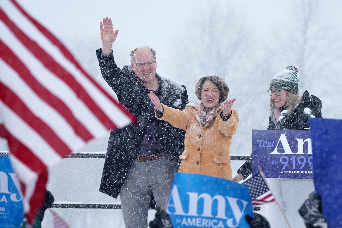 Sen. Amy Klobuchar waved to supporters on Feb. 10 along with her husband John Bessler and daughter Abigail Klobuchar Bessler after announcing she is running for president.