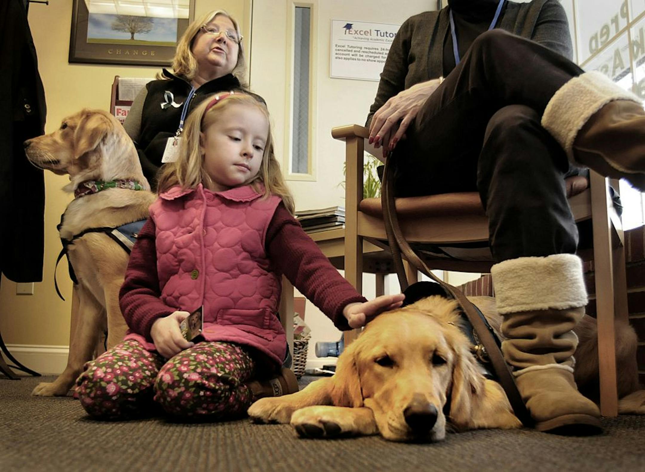 Maili Pieragostini, 6, of Newtown, Connecticut, stopped in to Excel Tutoring to visit with a pair of comfort dogs provided by the Lutheran Church Charities from Illinois. The K-9 Comfort Dog Ministry has nine Golden Retrievers in Newtown to help comfort community residents in need. Maili is a first-grader at the Head O' Meadow Elementary School in Newtown. School was supposed to start this morning but was postponed for one day. At left is Dona Martin, K-9 coordinator for for the K-9 comfort Dog