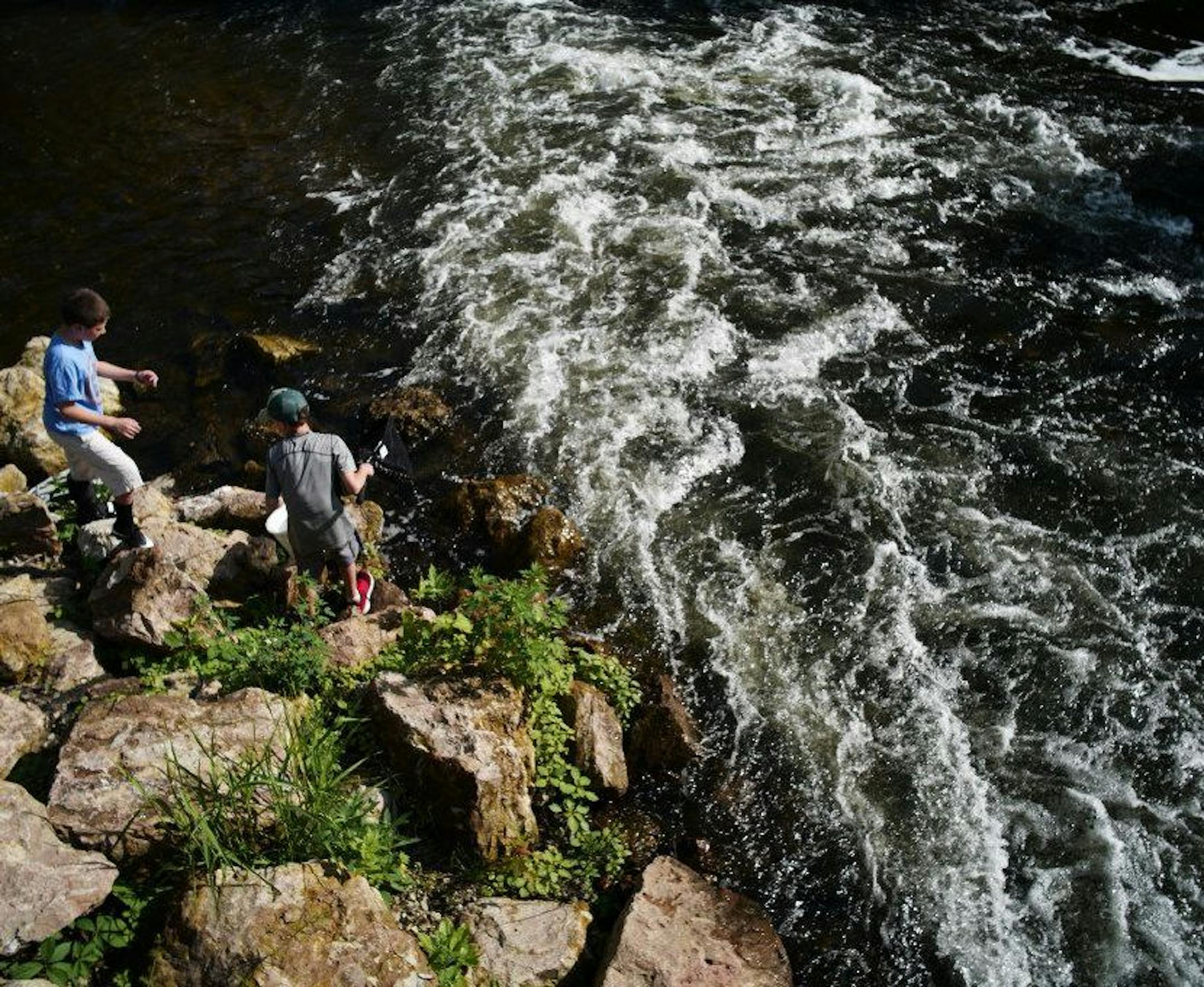 George Heinen,8, left, and Mac Hoeskstra,9, right enjoyed fishing at their favorite spot. Earlier the kids caught and release a 30 inch plus pike. A secluded fishing hole and cascade in Edina has been a treasured spot not just for the community, but for casual fishers, kayakers and nature lovers in the metro area. However, a $4 million renovation of the parklands would eliminate those rapids, threatening that ecosystem.