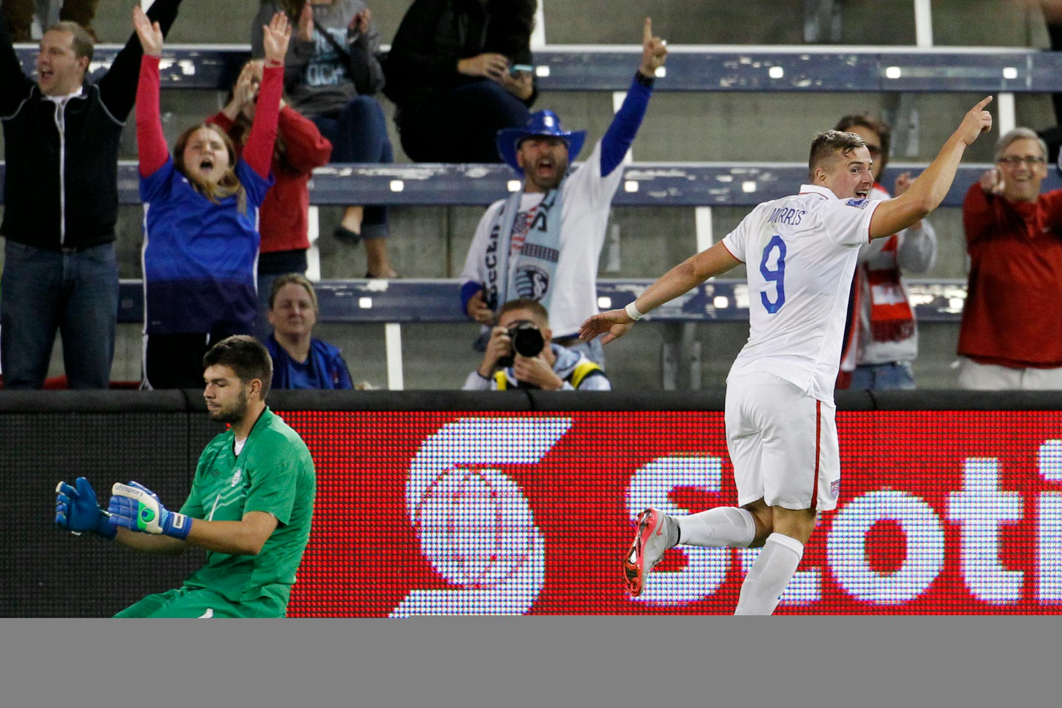 Canada goal keeper Max Crepeau (1) reacts as USA forward Jordan Morris (9) celebrates scoring his second goal of the match in the second half of a CONCACAF men's Olympic qualifying soccer match. Morris also plays for Stanford.