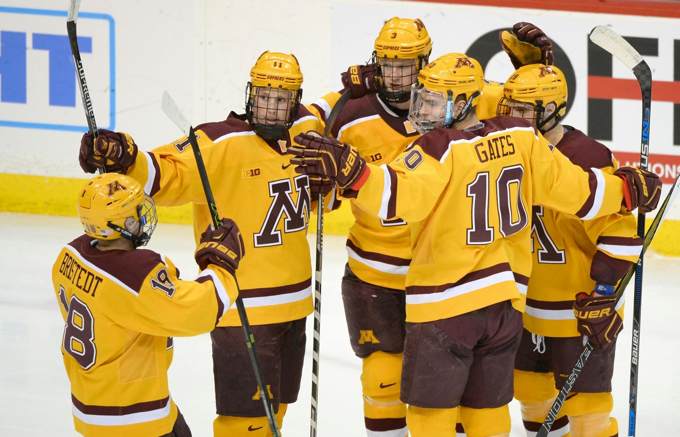 Minnesota Golden Gophers players celebrated a second period goal by right wing Leon Bristedt (18) against the Michigan Wolverines in the second period Saturday.