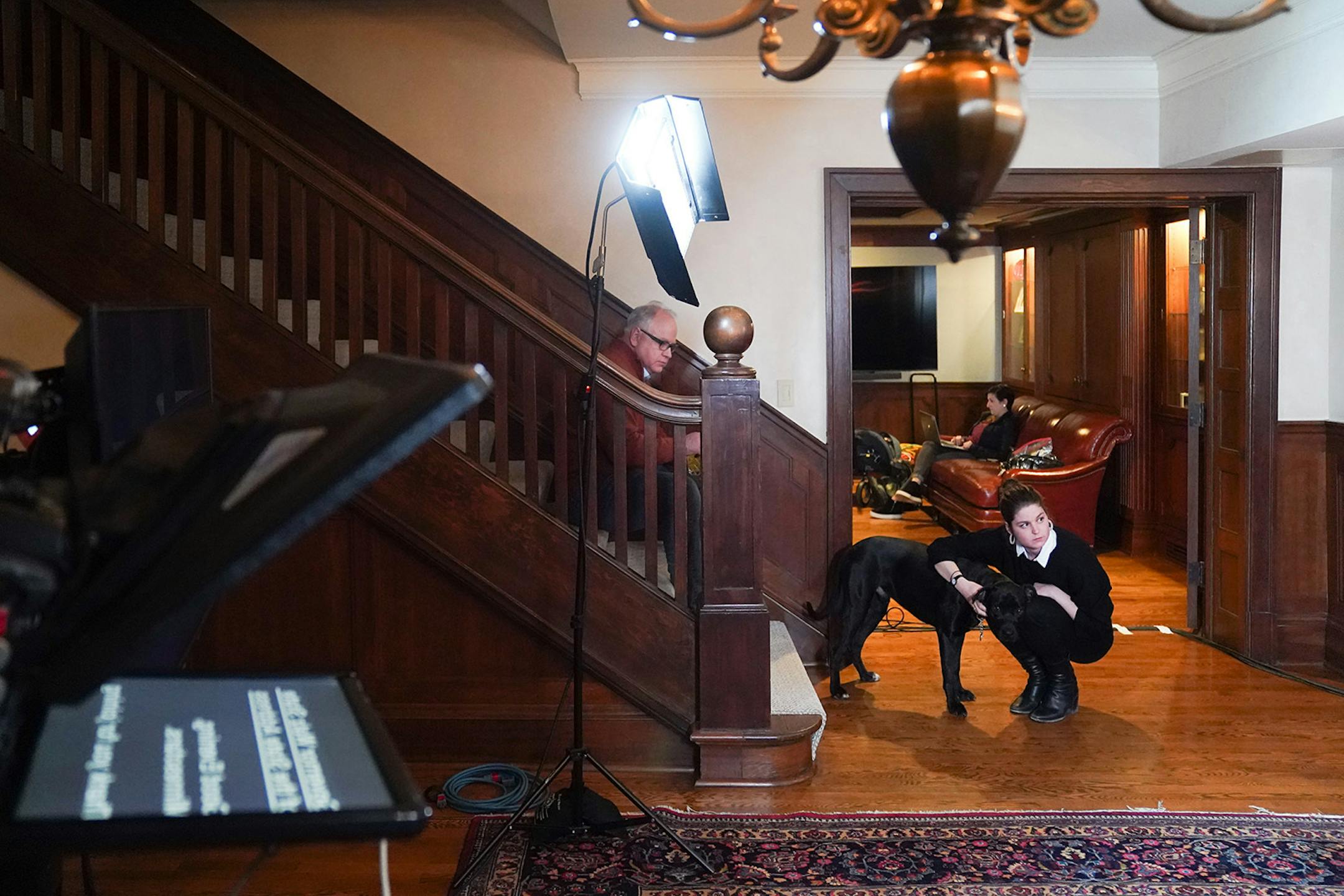 Minnesota Gov. Tim Walz talked with communications director Kayla Casta�eda, before the State of the State address over YouTube from his residence. Making an early appearance was the Governor's dog Scout.