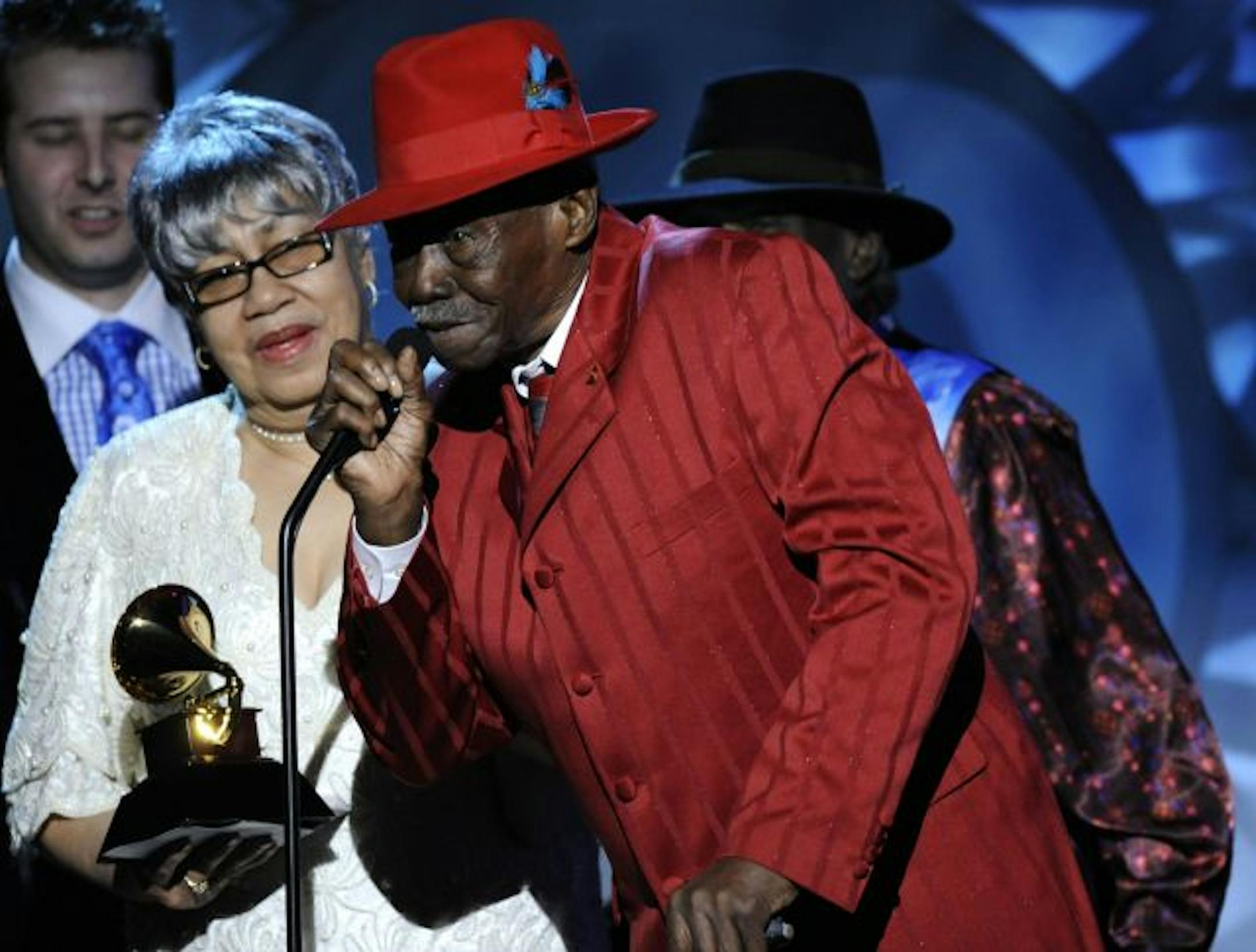 Joe Willie "Pinetop" Perkins accepts the award for best traditional blues album at the 50th Annual Grammy Awards on Sunday, Feb. 10, 2008, in Los Angeles.