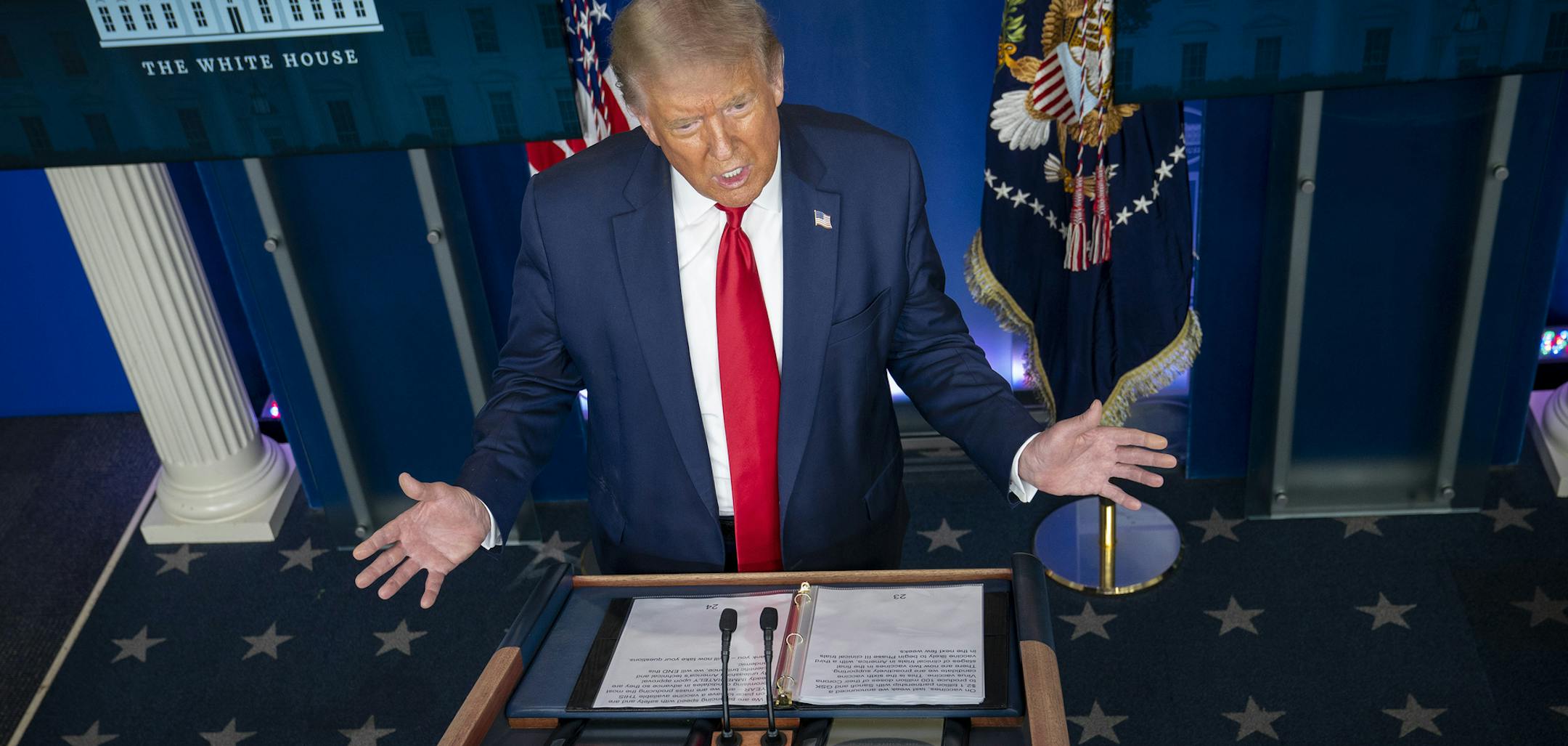 President Donald Trump addresses a press conference at the White House in Washington, Aug. 3, 2020. In his latest assault on voting by mail, Trump said on Monday that he thought the Democratic primary in New York's 12th Congressional District should be rerun because of lengthy delays in counting mail-in ballots. (Doug Mills/The New York Times)