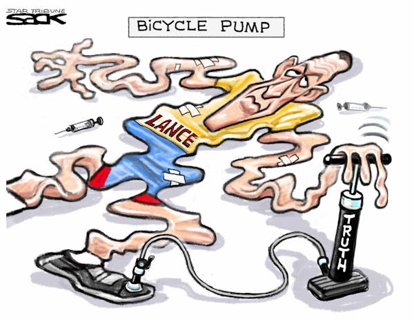 Steve Sack editorial cartoon for Jan. 16, 2013. Topic: Lance Armstrong's expected doping 'confession' to Oprah Winfrey.