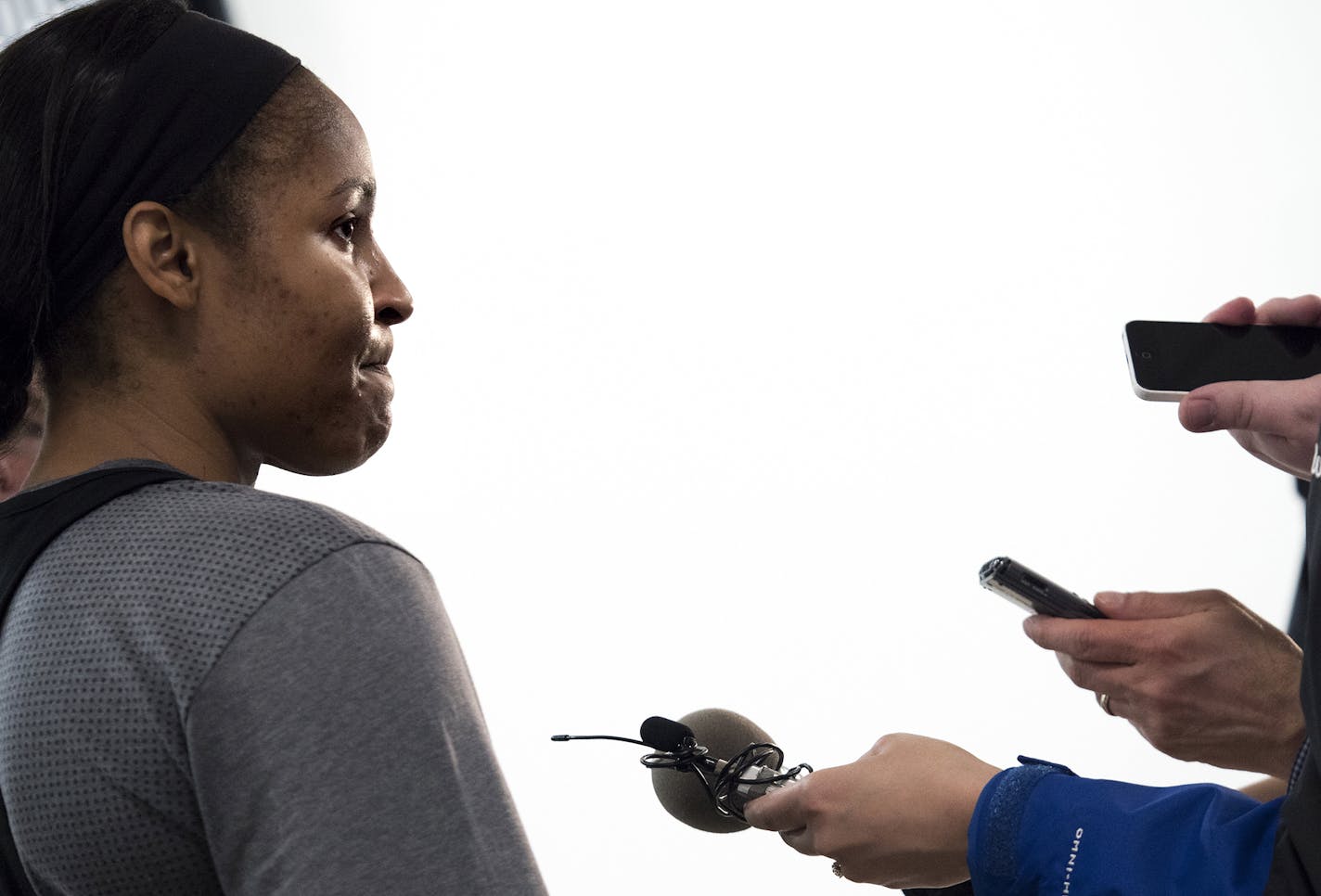 Maya Moore talks to media during the Minnesota Lynx practice at Mayo Clinic Square in Minneapolis April 24, 2016. (Courtney Perry/Special to the Star Tribune)