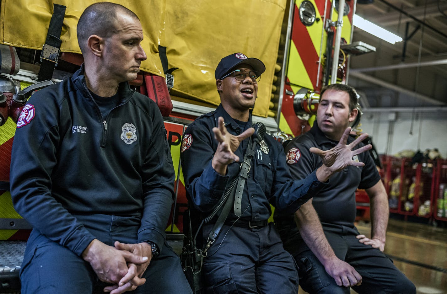 Working at Fire Station 1 from left to right, Dan Bellis, captain Abdul Cunningham, and Mark Meininger were three firefighters who were first responders on the Francis Drake Hotel fire.