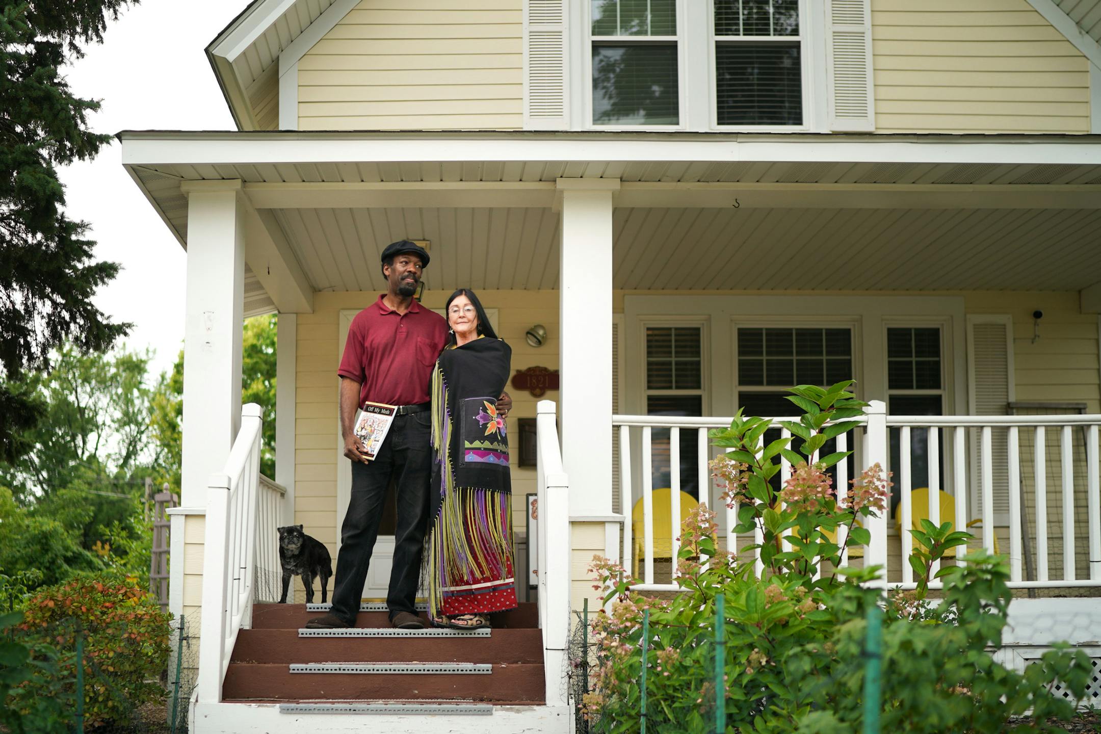 Leslie and Chholing Taha on the porch of their Anoka home with their pug Pebbles. ] GLEN STUBBE • glen.stubbe@startribune.com Tuesday, August 20, 2019 A shared creative spark led a cartoonist and a painter down the aisle two weeks after they met. And it's helped keep Leslie and Chholing Taha together for 28 years. He has a new self-published book of cartoons, Off My Meds, coming out, and she has had paintings (and Native American shawls) shown at museums (including MIA) and commissioned b