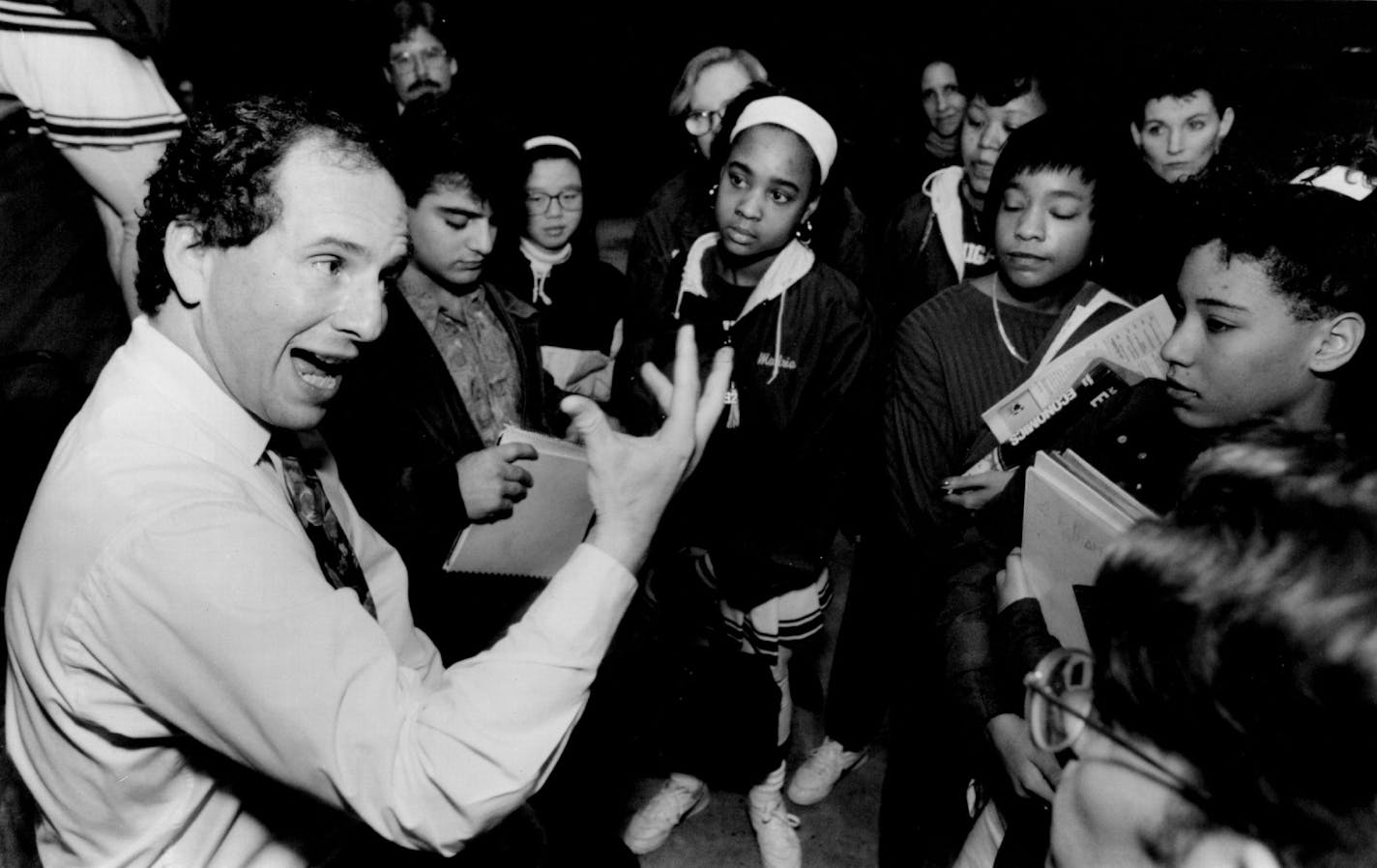 January 7, 1992: Minnesota senator Paul Wellstone interested with students at North High School during a speech criticizing the Bush administration education plans.