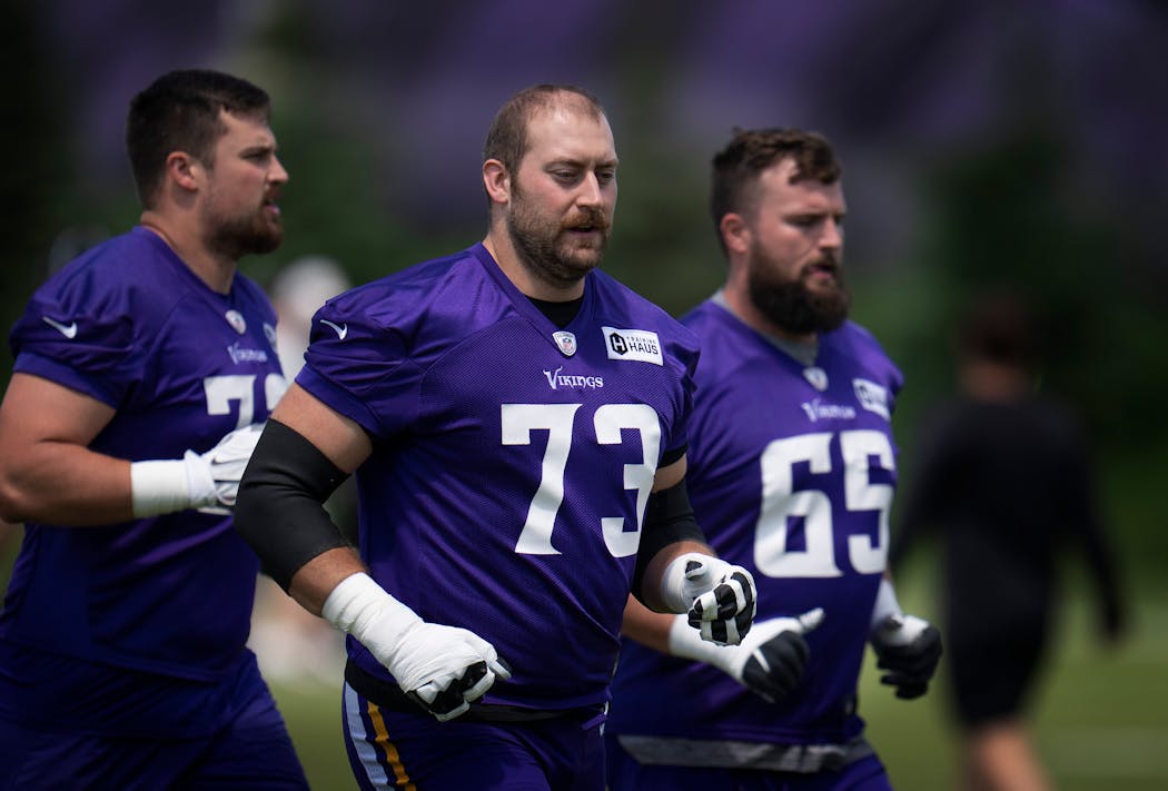 Jesse Davis (73) is one of six new offensive linemen for the Vikings, and he could challenge for a starting spot at right guard.