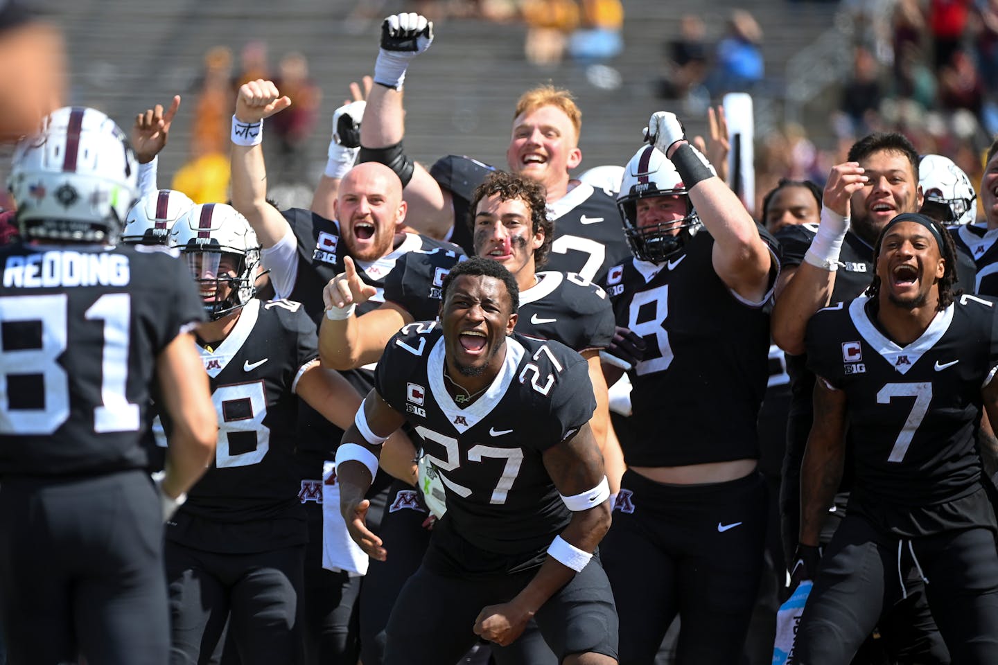 Minnesota Gophers players, including defensive back Tyler Nubin (27), celebrate a touchdown scored by running back Preston Jelen (25) late during the second half against the Western Illinois Leathernecks Saturday, Sept. 10, 2022 at Huntington Bank Stadium in Minneapolis, Minn. ] aaron.lavinsky@startribune.com