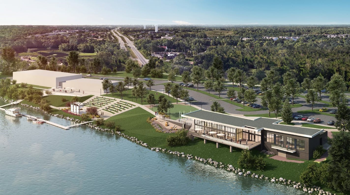 After decades of planning, Champlin will have a new place for people to live, play and gather along a stretch of the Mississippi riverfront that forms the suburb's northwest border. This image shows a pavilion, amphitheater and performance center that are part of the development.