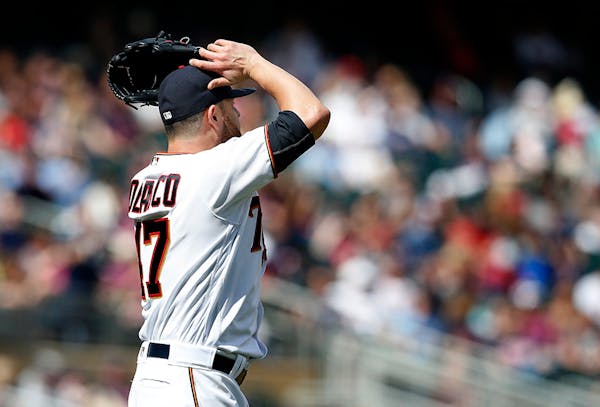 Twins starting pitcher Ricky Nolasco reacted after giving up a 3-run home run to Nick Castellanos in the sixth inning.