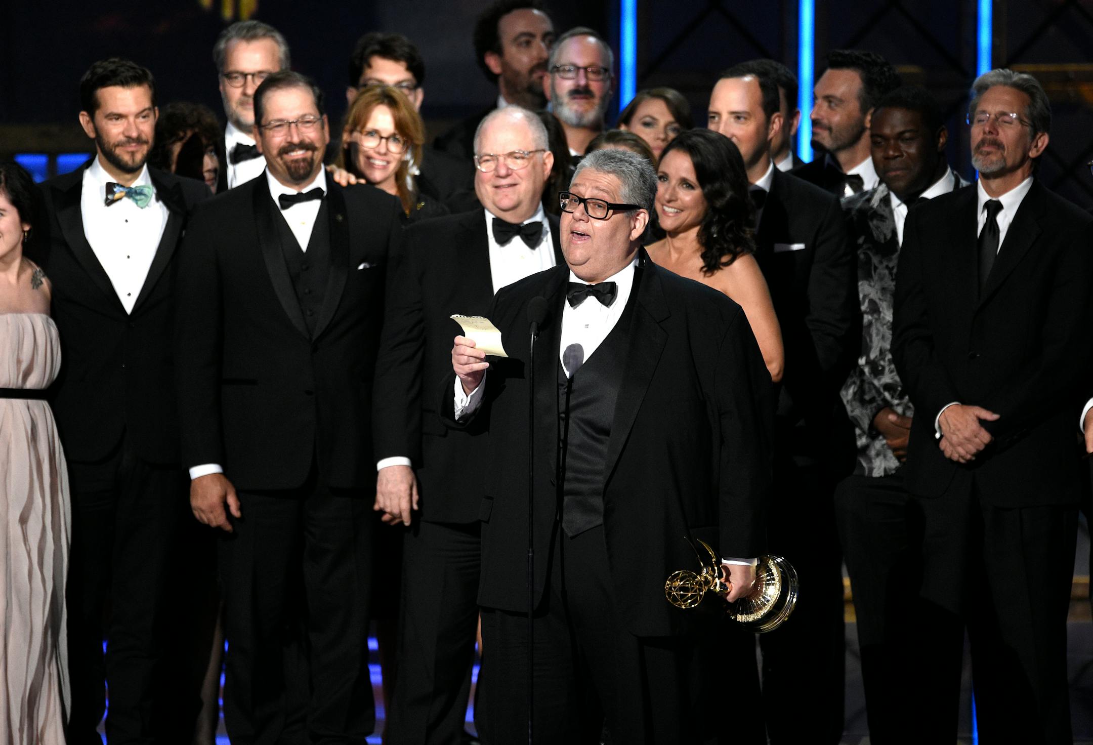 Frank Rich and cast accept the award for outstanding comedy series for "Veep" at the 69th Primetime Emmy Awards on Sunday, Sept. 17, 2017, at the Microsoft Theater in Los Angeles.