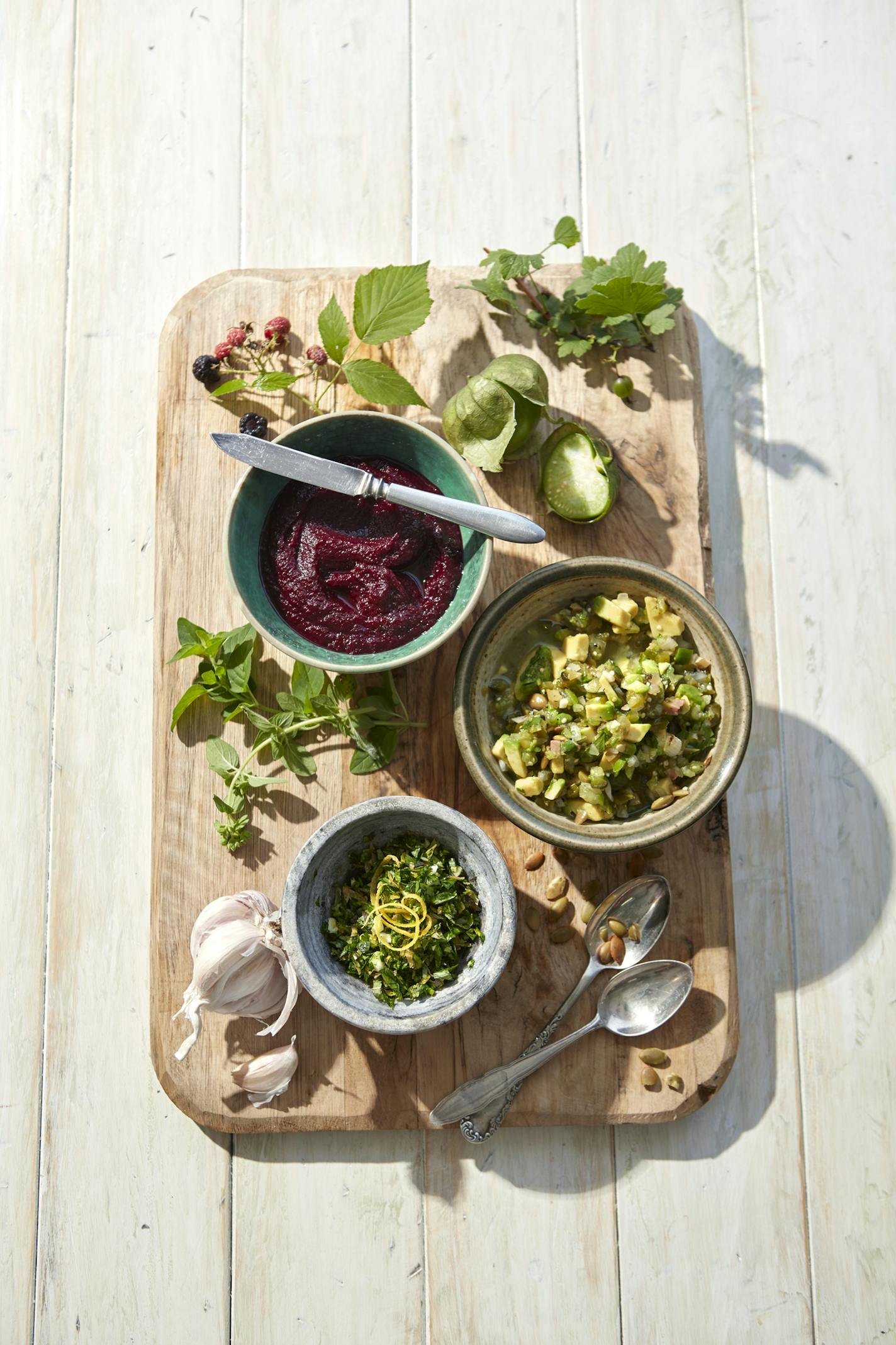 Char-Roasted Tomatillo Avocado Salsa Spiced Beet and Berry Ketchup