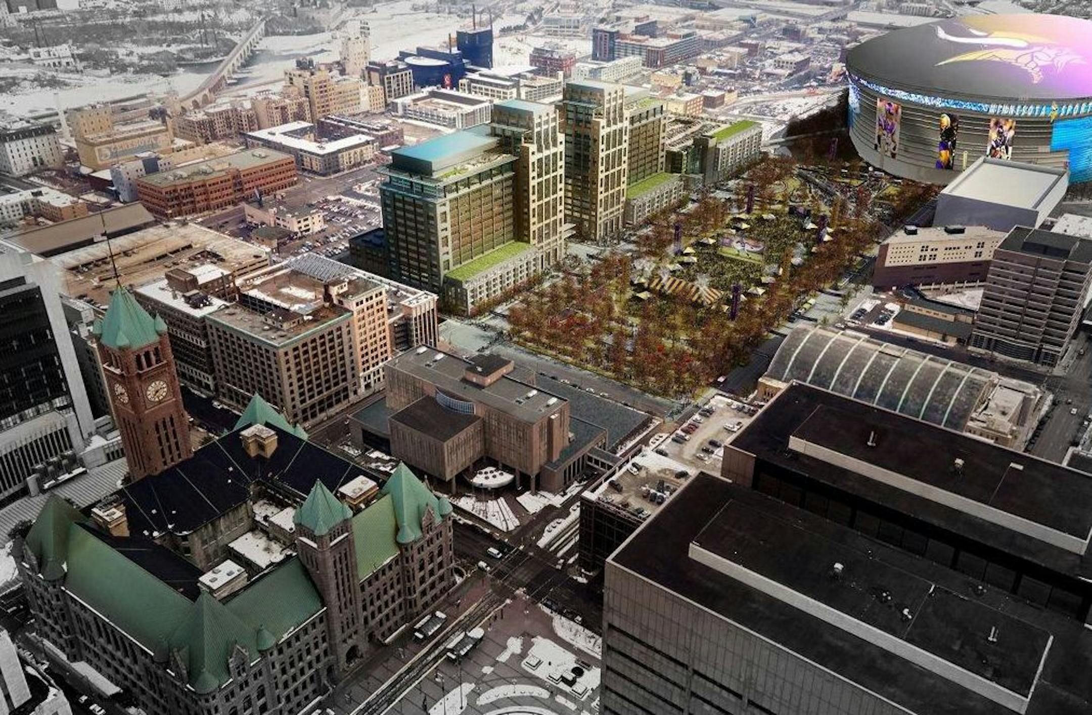 image embargoed until 1p.- 05/14/13 --- Ryan Companies proposal for a $400 million redevelopment of five blocks now dominated by surface parking lots between the downtown central business district and the new stadium. It includes 300 housing units, 40,000 square-feet of retail and 1.16 million square feet of office space in two 20-story towers. Credit: Renderings courtesy of Ryan Companies ORG XMIT: MIN1305140932580412