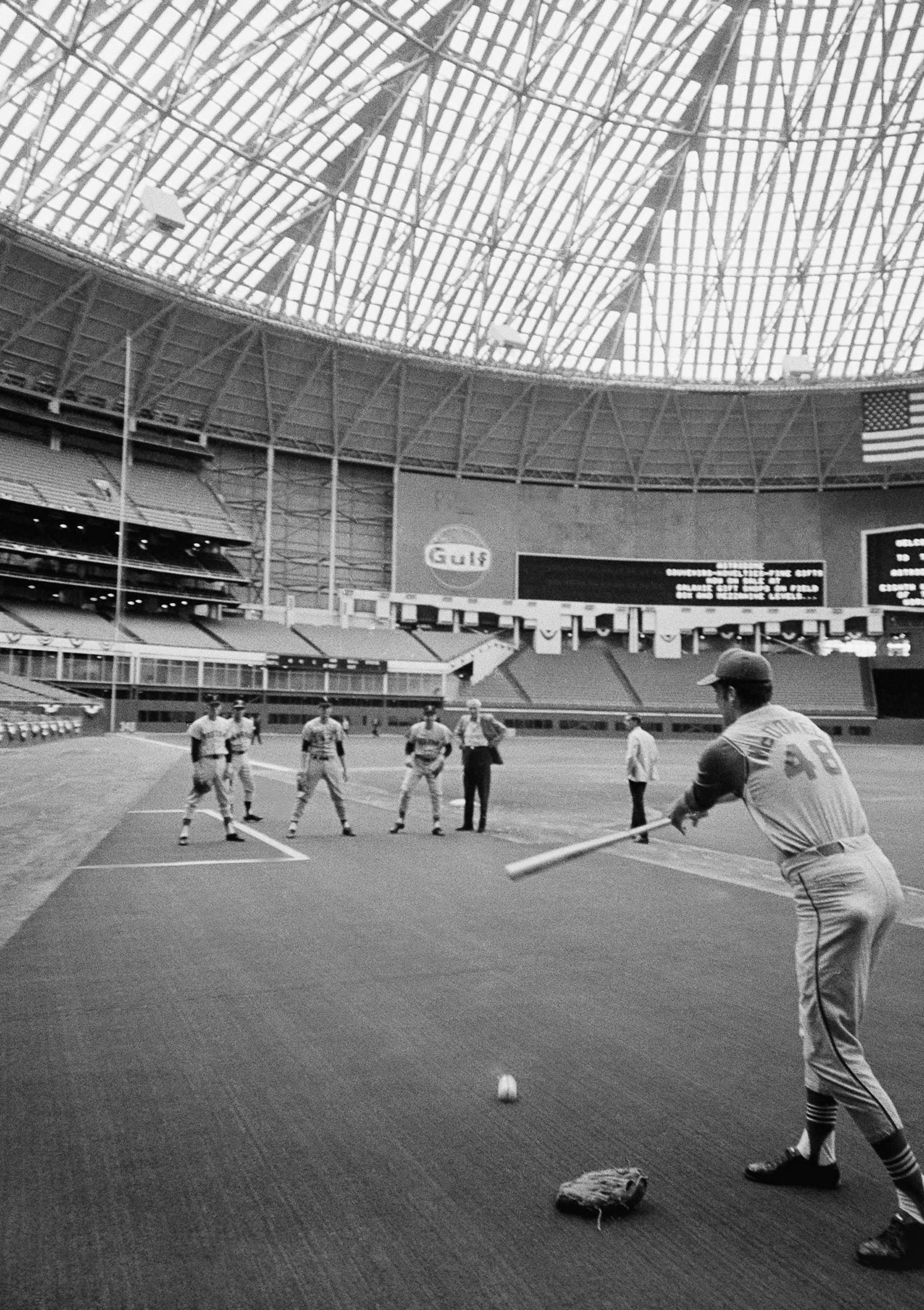 Sam McDowell, Cleveland Indians pitcher, hits the ball during a pepper game when the American League All Star team worked out in the Astrodome in Houston, Tex., July 9, 1968. A number of the American League players will be playing their first indoor baseball game today. (AP Photo/Ed Kolenovsky) ORG XMIT: APHS160874