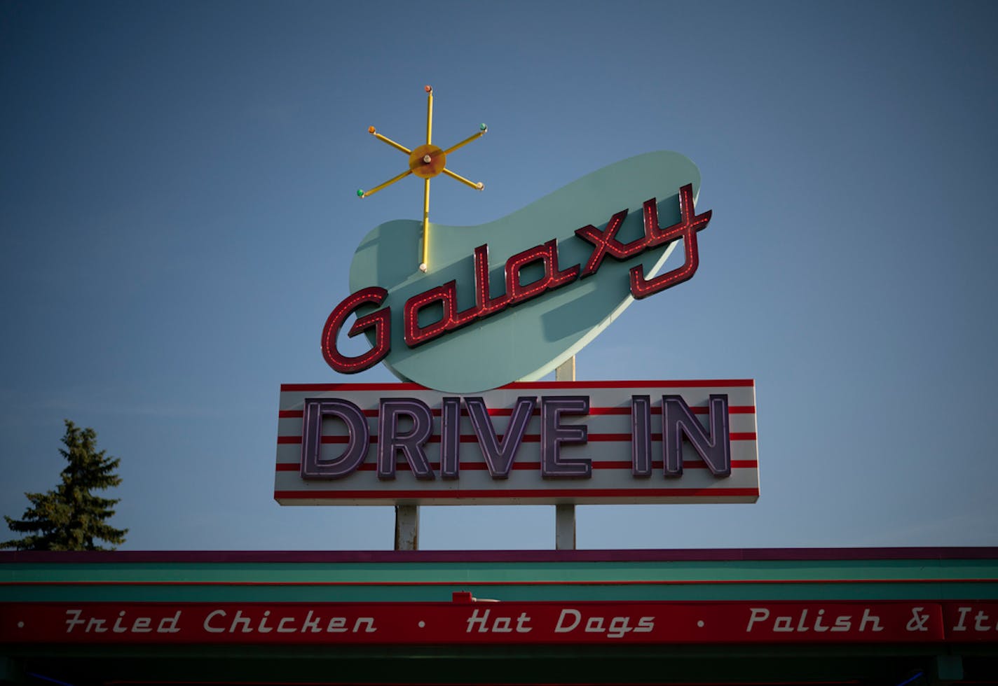 Midcentury modern signage at Clays Galaxy Drive In.