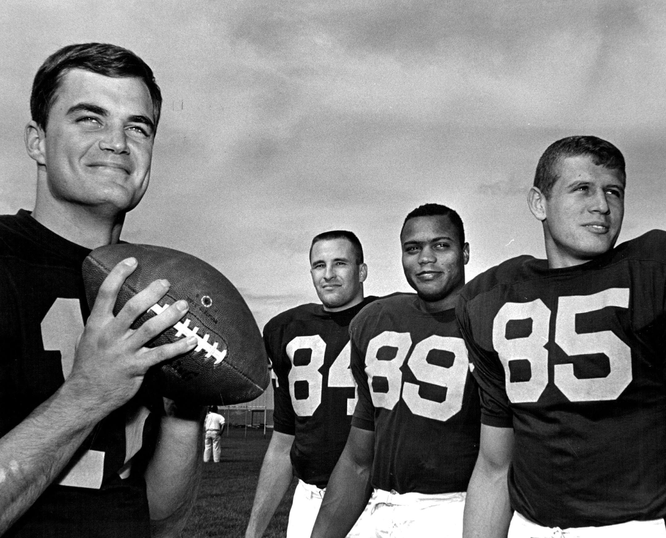 September 1, 1965: Gophers quarterback John Hankinson (left), with three of his top receivers.