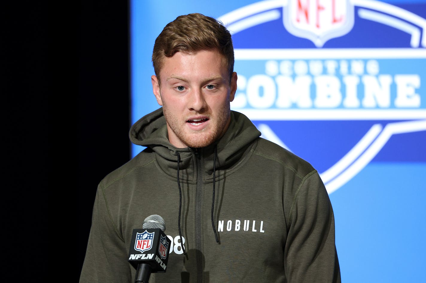 Kentucky quarterback Will Levis speaks to the media during the NFL Combine at Lucas Oil Stadium on Friday, March 3, 2023, in Indianapolis. (Michael Hickey/Getty Images/TNS) ORG XMIT: 73194142W