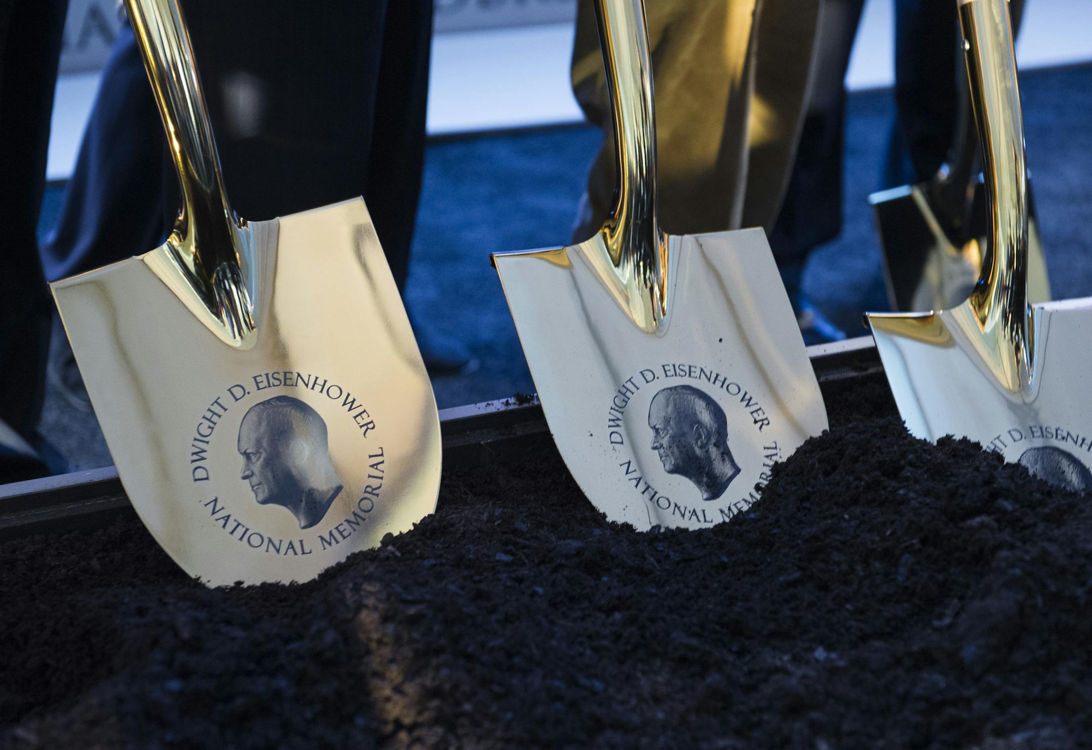 Golden shovels wait to break ground during the ceremonial groundbreaking of the Dwight D. Eisenhower Memorial, in Washington, Thursday, Nov. 2, 2017. (The memorial will be located on four acres of land near the National Mall. (AP Photo/Cliff Owen)