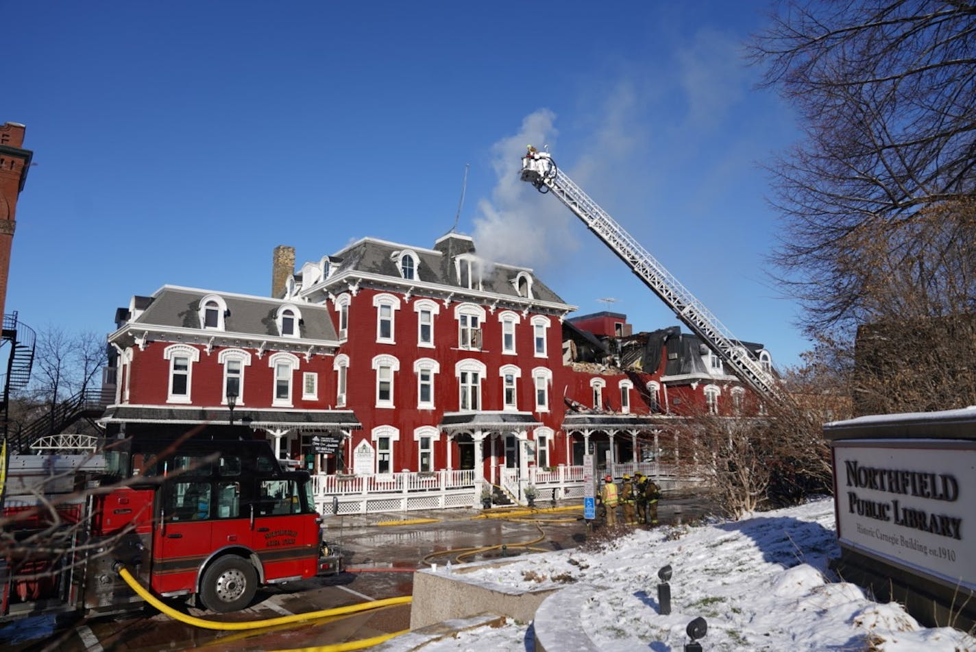 Fire crews at the 143-year-old Archer House Inn in Northfield.