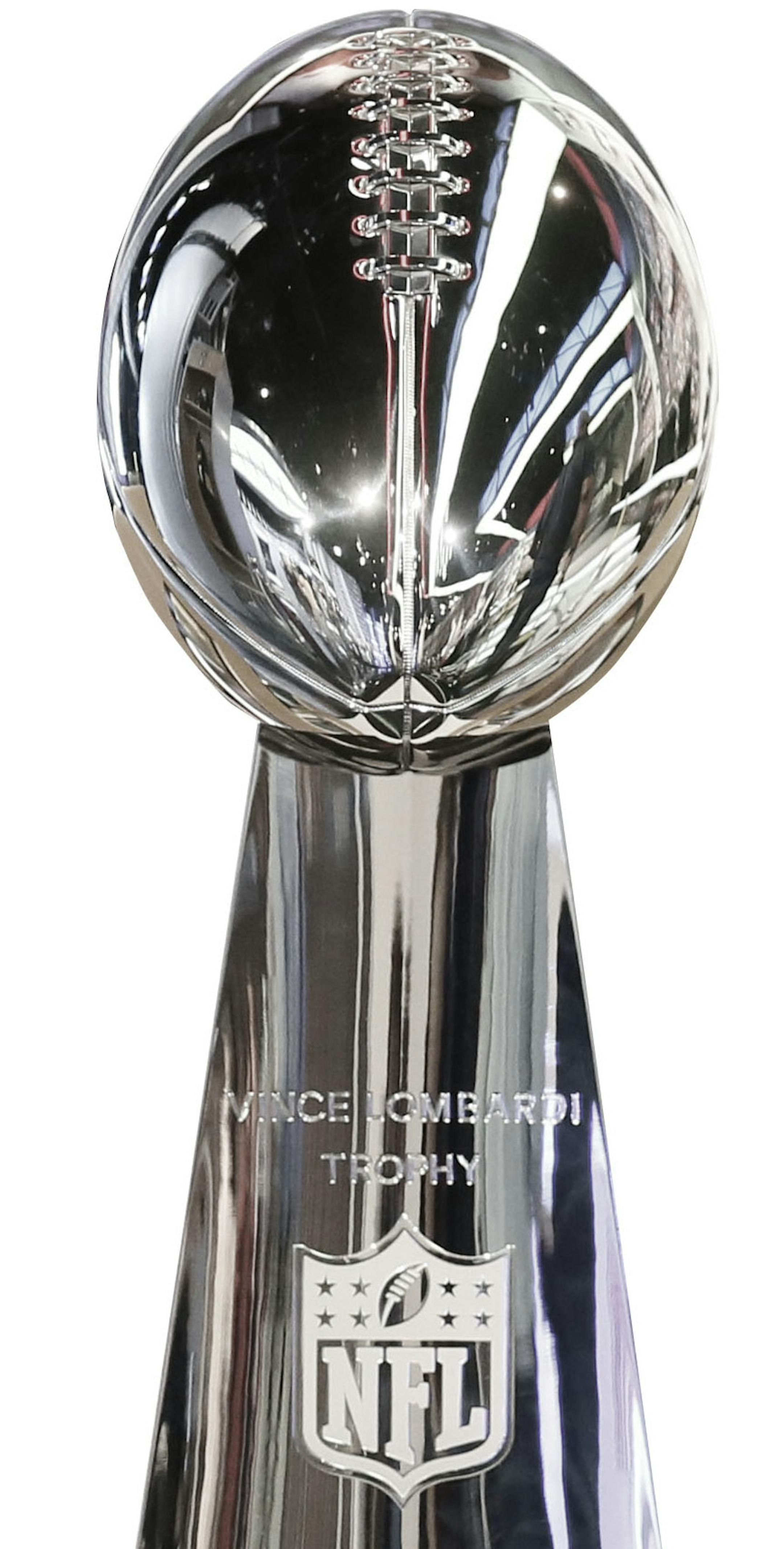 A detail view of the Vince Lombardi Trophy and the 50 numerical symbol indicating the celebration of upcoming Super Bowl 50 is seen during a media availability at the NFL Network studios, Wednesday, Sept. 9, 2015, in Culver City, California. (AP Photo/Danny Moloshok) ORG XMIT: NYOTK