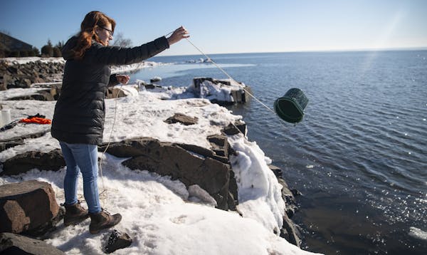 Katie Cassidy, a masters student in water resources science, threw a bucket in Lake Superior to retrieve a water sample on Monday morning. ]
ALEX KORM