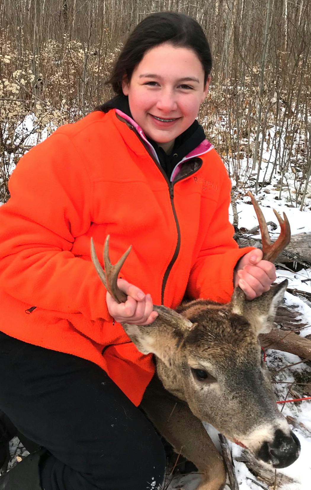 Harper Lien, 13, of Andover, shot her first buck while hunting near Wirt, Minn., on Sunday of opening weekend. Of the 16 hunters in camp, Harper was the only female. Her dad, Kris, reports that Harper made an excellent shot, felling her buck at 148 yards while triggering a .243. “In the 25-year history of our camp, she’s the only female ever to take a deer,’’ Kris said.