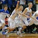 (left to right) Belgrade-Brooten-Elrosa celebrated their win over Rushford-Peterson in the Class A championship game at Target Center.] Boys Basketbal