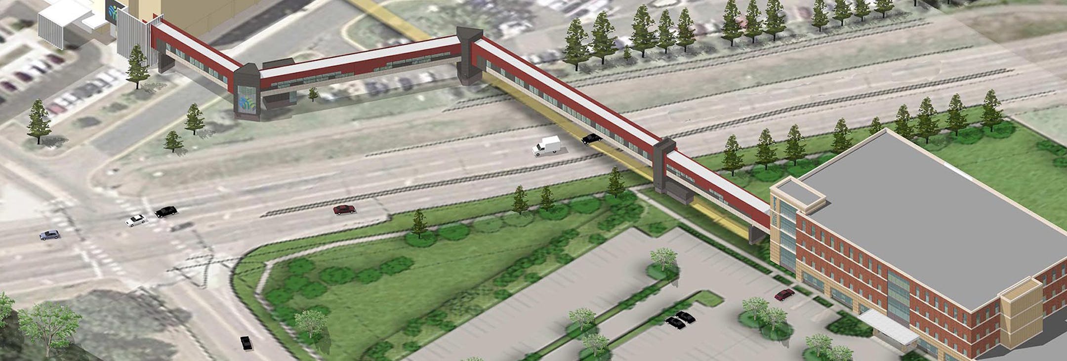 Looking west at skyway planned at Mercy Hospital cutline: A $4.5 million skyway will connect Mercy Hospital with a new medical building being built across Coon Rapids Blvd. At 585 feet, it will be the longest and one of only a handful of skyways in Anoka County. Pix link: artist's drawing found here: http://www.startribune.com/local/north/204801611.html?refer=y Source: Pope Architects, City of Coon Rapids