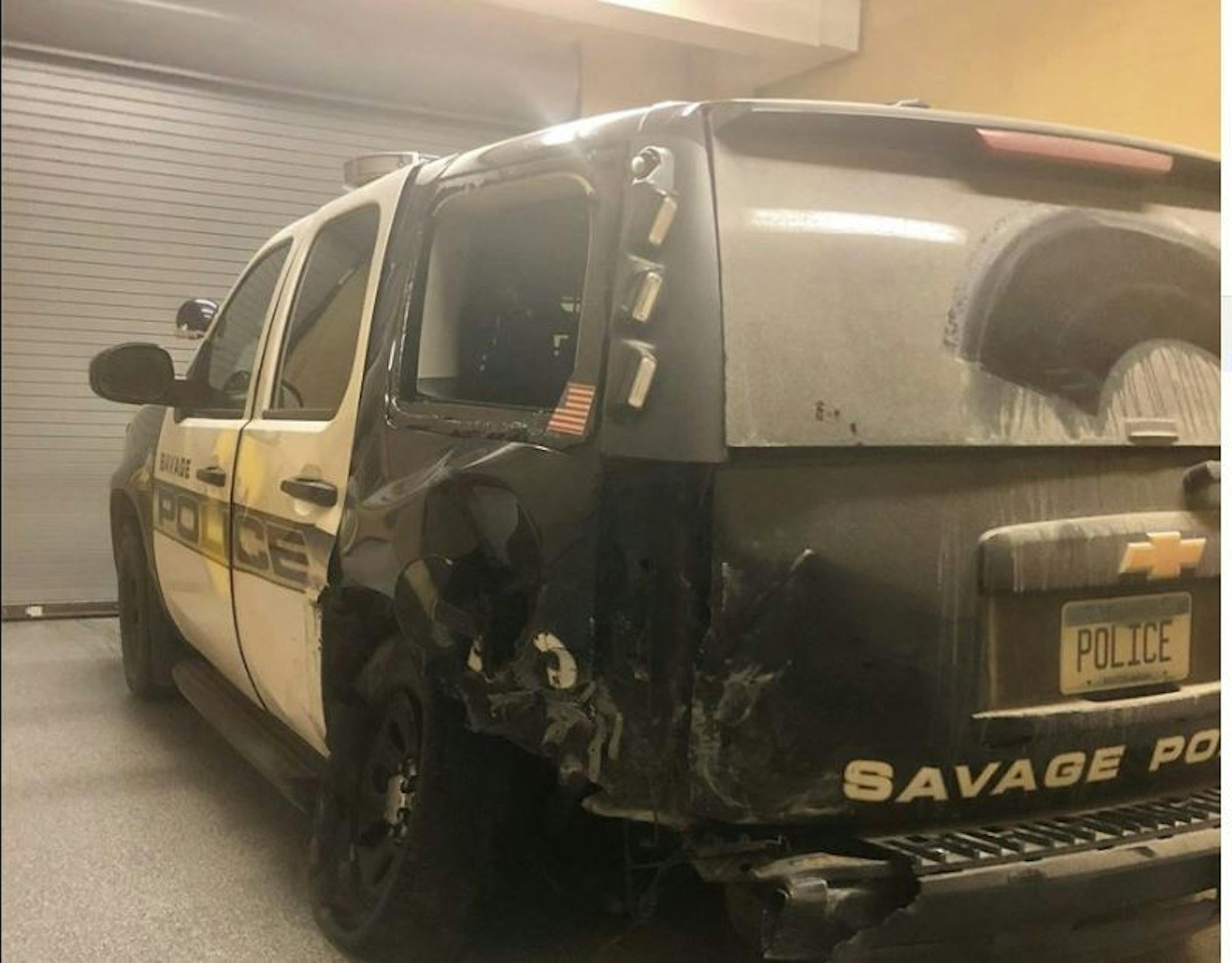 The Savage police squad vehicle struck by a motorist Monday night.