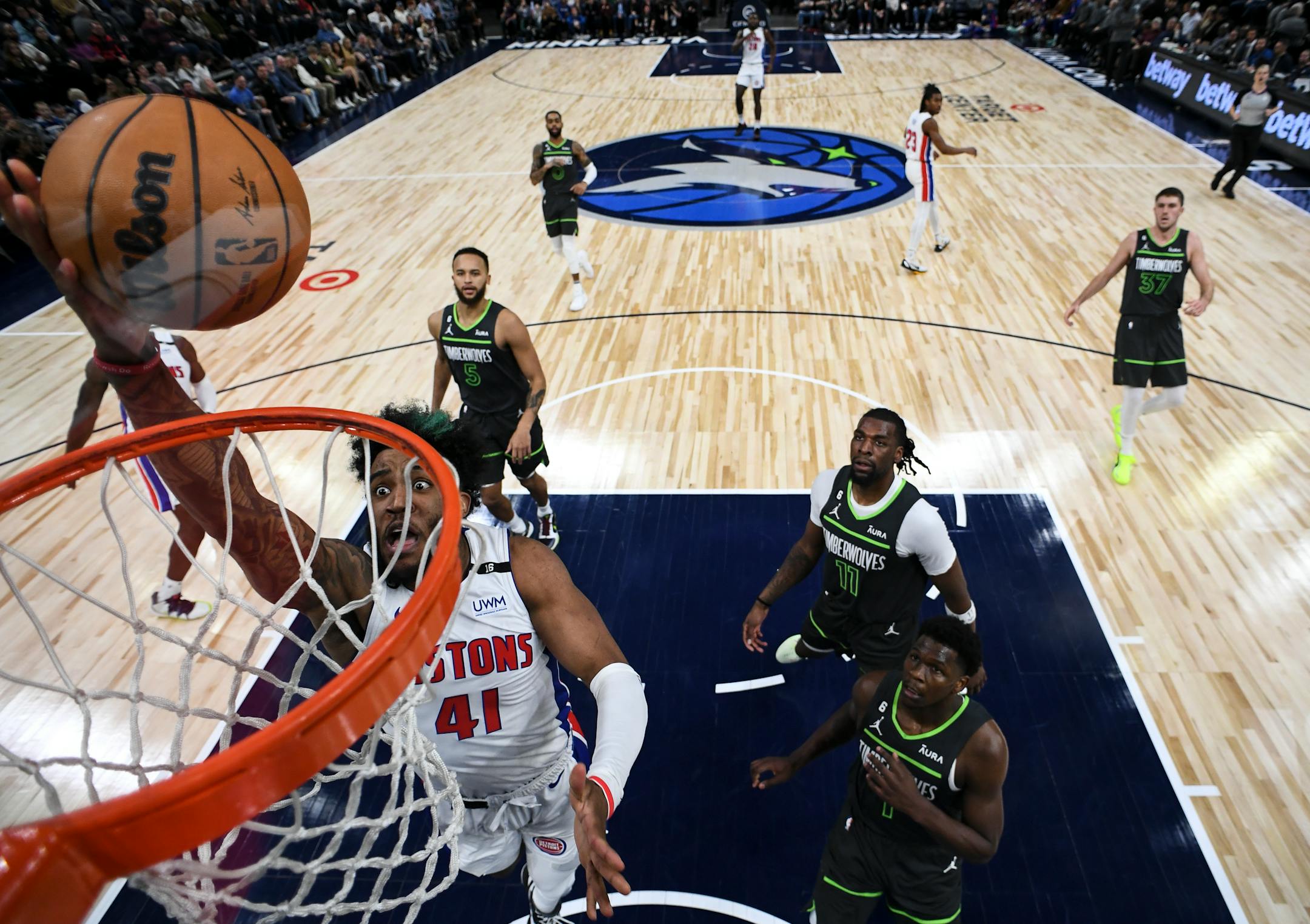 Detroit Pistons forward Saddiq Bey (41) scores a layup against the Minnesota Timberwolves during the first half.