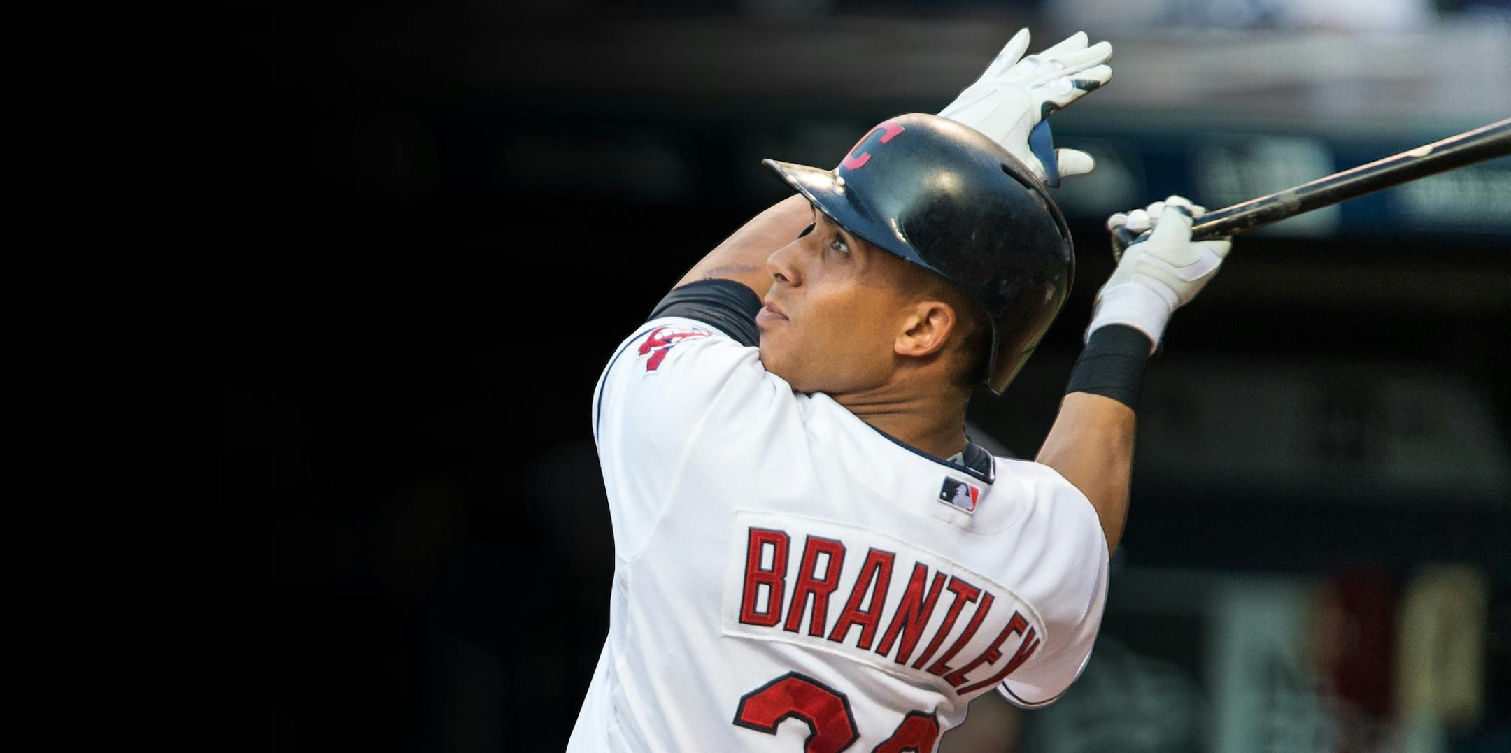 13 August 2015: Cleveland Indians Left field Michael Brantley (23) [5594] flies out to left during the first inning of the game between the New York Yankees and Cleveland Indians at Progressive Field in Cleveland, OH. New York defeated Cleveland 8-6. (Icon Sportswire via AP Images) ORG XMIT: 244880