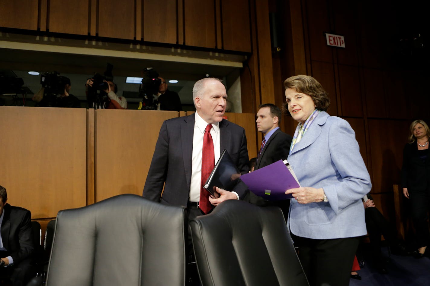 Senate Intelligence Committee Chair Sen. Dianne Feinstein, D-Calif., right, welcomes CIA Director nominee John Brennan on Capitol Hill in Washington, Thursday, Feb. 7, 2013, prior to the start of Brennan's confirmation hearing before the committee.