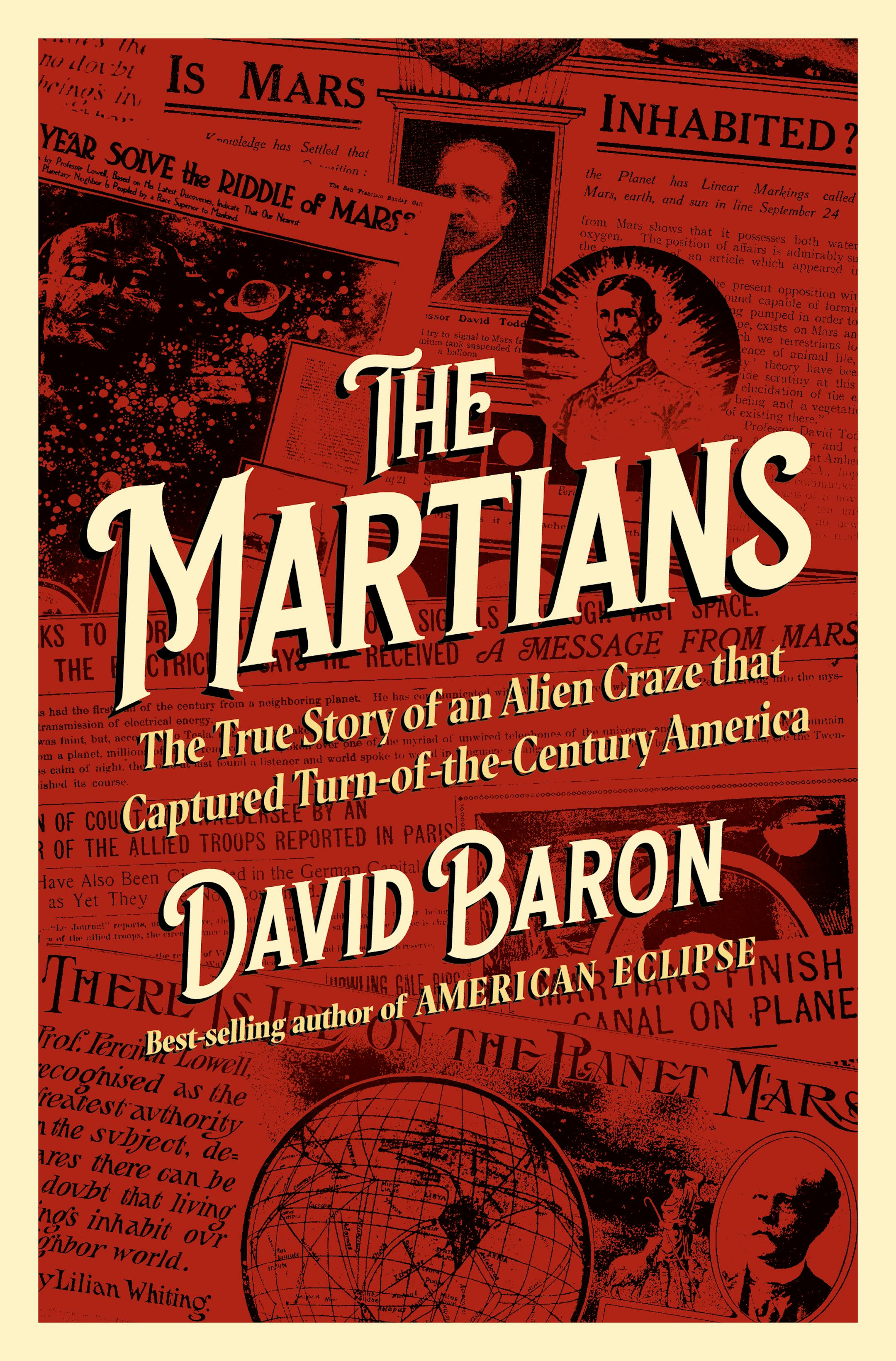 red cover of The Martians is a collage of newspaper clippings about Mars
