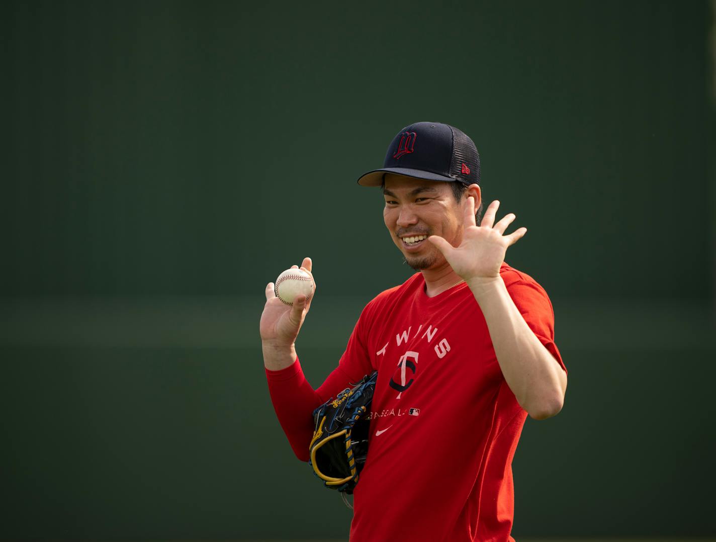 Twins pitcher Kenta Maeda, rehabbing after Tommy John surgery last year, played catch at Hammond Stadium in Fort Myers, Florida Wednesday, March 16, 2022. The Twins full squad worked out on the last full day of workouts at Spring Training before Grapefruit League play begins. ] JEFF WHEELER • Jeff.Wheeler@startribune.com