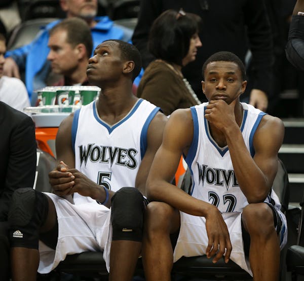 Timberwolves Gorgui Dieng (5) and Andrew Wiggins (22) on the bench late in the game Sunday night at Target Center. ] JEFF WHEELER • jeff.wheeler@sta