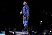 Usher performed on roller skates Sunday during halftime of the Super Bowl game pitting the San Francisco 49ers and the Kansas City Chiefs.