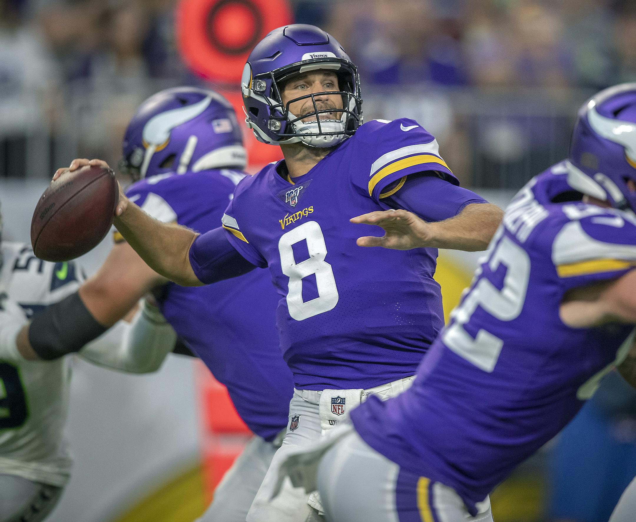 Vikings quarterback Kirk Cousins focused downfield for a receiver during the first quarter of the pre-season matchup between the Minnesota Vikings and the Seattle Seahawks at US Bank Stadium, Sunday, August 18, 2019 in Minneapolis, MN. ] ELIZABETH FLORES • liz.flores@startribune.com