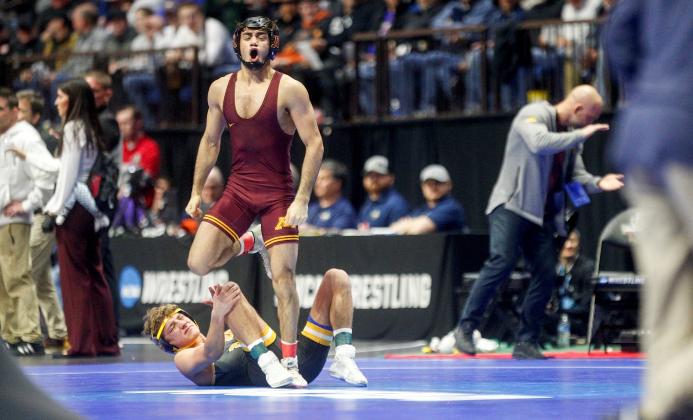 Minnesota's Aaron Nagao reacted after pinning Pittsburgh's Micky Phillippi at the NCAA wrestling championships on March 16 in Tulsa, Okla.