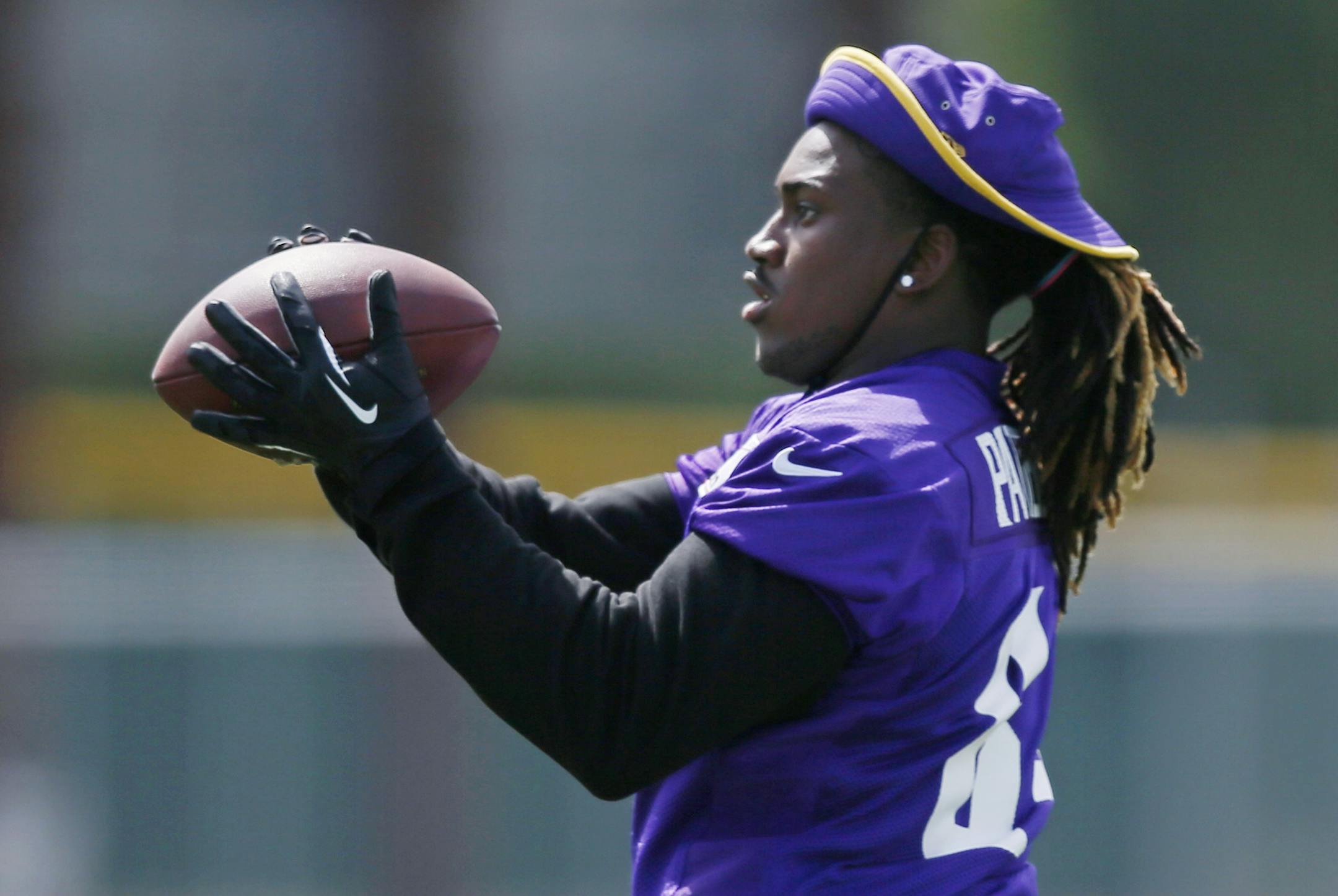 Vikings receiver Cordarrelle Patterson caught a few passes during training camp Sunday, but the Vikings have yet to clear the second-year receiver to practice because of a foot injury.