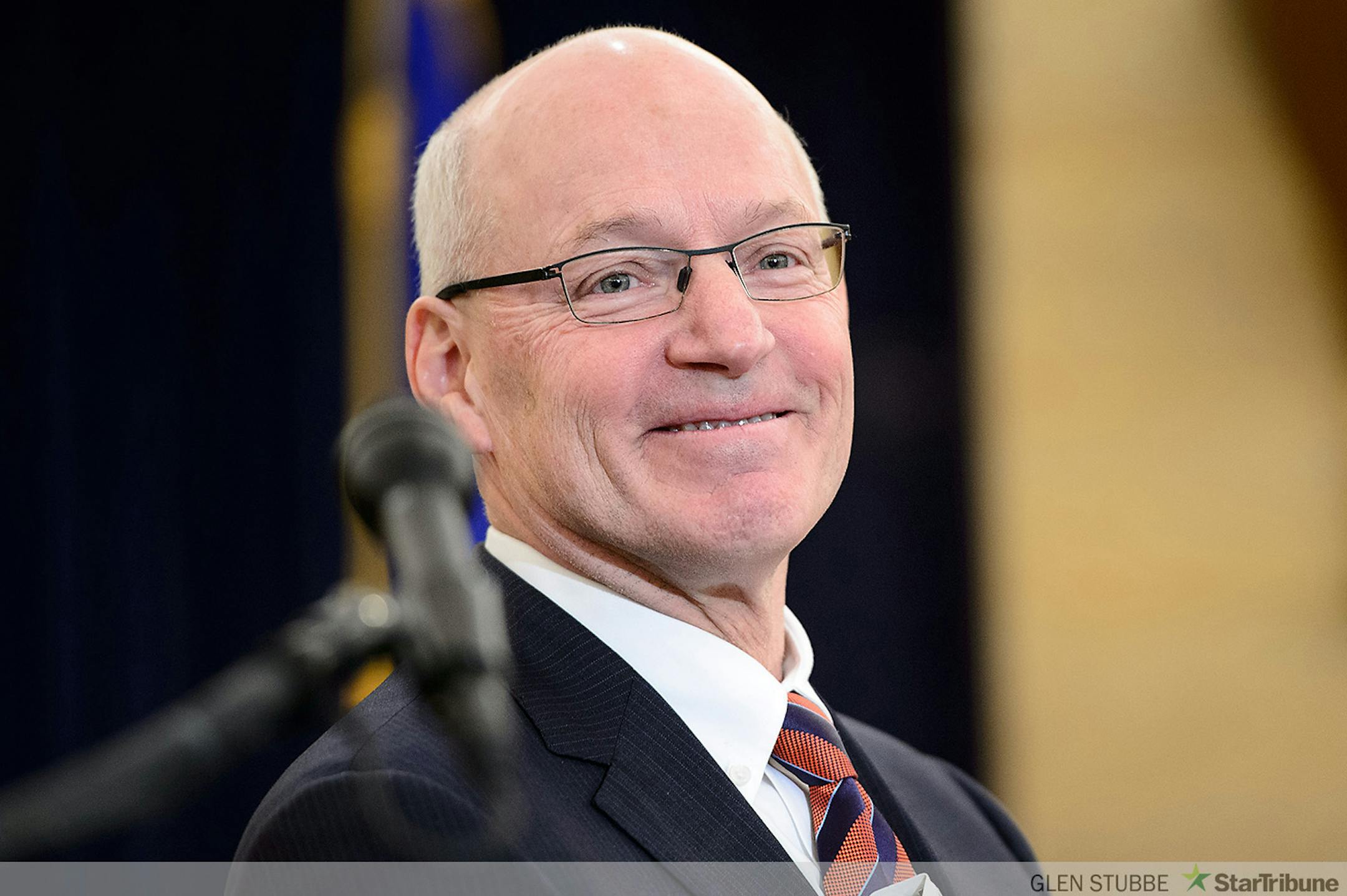 MMB Commissioner Myron Frans was all smiles as he delivered the budget surplus news.         ] GLEN STUBBE * gstubbe@startribune.com Friday, February 27, 2015  Minnesota Management and Budget Office officials, Commissioner Myron Frans, State Economist Laura Kalambokidis and State Budget Director Margaret Kelly reported that Minnesota's projected budget surplus grew to $1.9 billion, up $832 million from a previous projection.