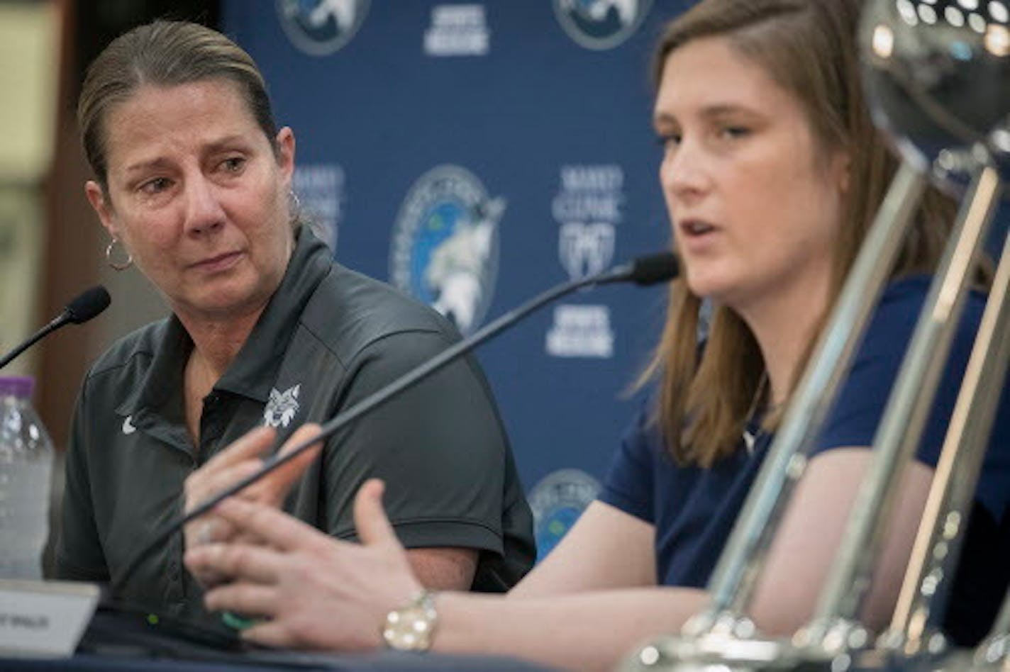 Minnesota Lynx Head Coach Cheryl Reeve became emotional as guard Lindsay Whalen announced her retirement during a press conference at Mayo Square, Monday, June 13, 2018 in Minneapolis, MN.    ]  ELIZABETH FLORES ' liz.flores@startribune.com