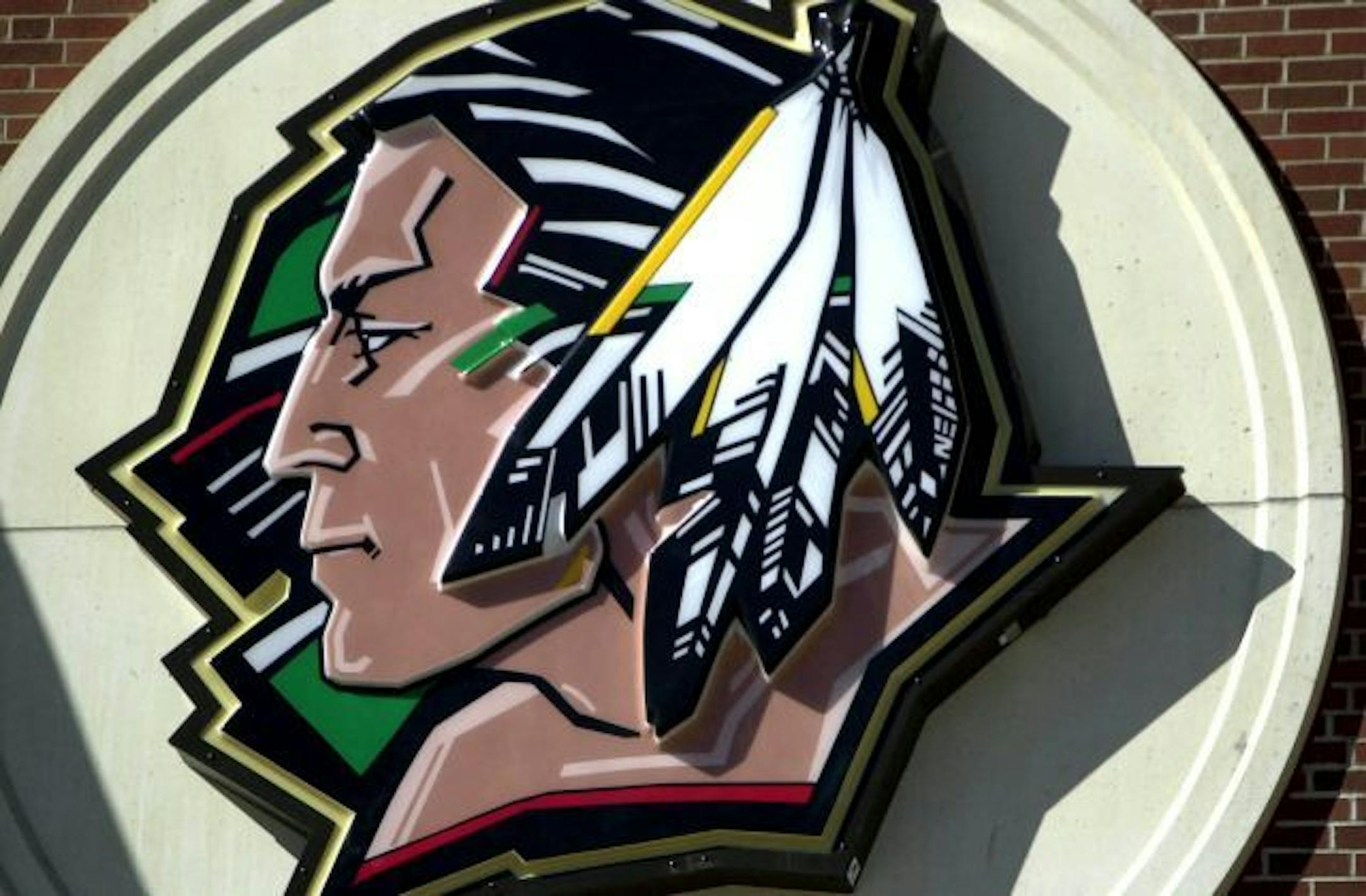 This logo dominates the architecture of the Ralph Engelstad Arena.