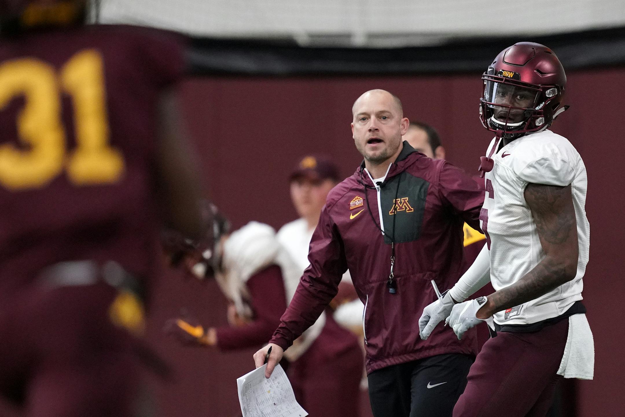 Gophers football coach P.J. Fleck (shown during a spring practice in April) received a commitment from Texas safety Abner Dubar, the 20th member of the Class of 2020 for the Gophers thus far.