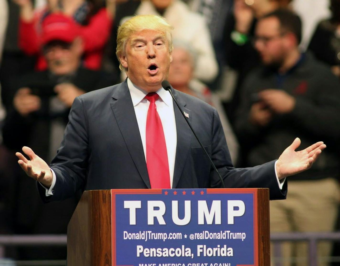 FILE - In this Jan. 13, 2016 file photo, Republican presidential candidate Donald Trump speaks during a campaign rally at the Pensacola Bay Center in Pensacola Fla. Trump is a part-time Florida resident - and a full-time problem for its home-state senator, Marco Rubio. Rubio is counting on Florida to reshape the Republican presidential contest that Trump has so far dominated by winning three of the first four states to vote.